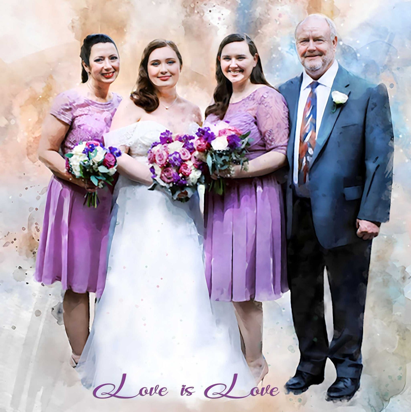 A vibrant wedding portrait captures a bride in a white gown holding a purple bouquet, standing with her partner in a lavender dress, and two family members. The words "Love is Love" are written below, symbolizing perfect lesbian gifts.