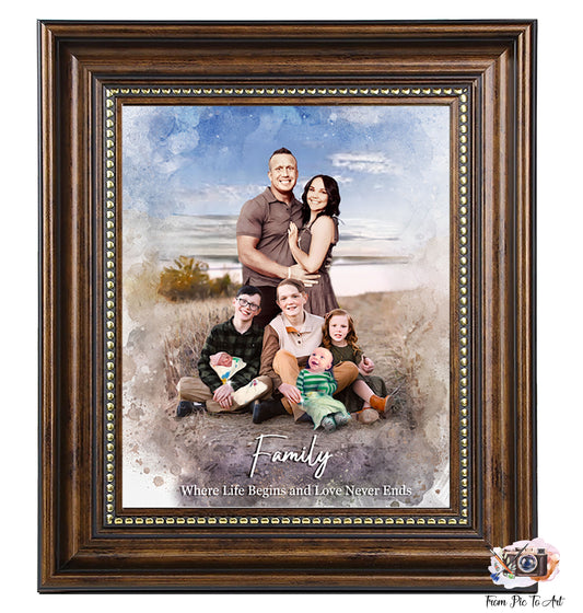 Custom watercolor family portrait by FromPicToArt, framed in ornate dark wood with a beaded inner edge. It depicts a family of six: parents standing and embracing, with three young boys and a baby seated in front of them, against a natural outdoor background. The text 'Family Where Life Begins and Love Never Ends' is at the bottom. This portrait demonstrates the 'Add a Person to a Photo' service.