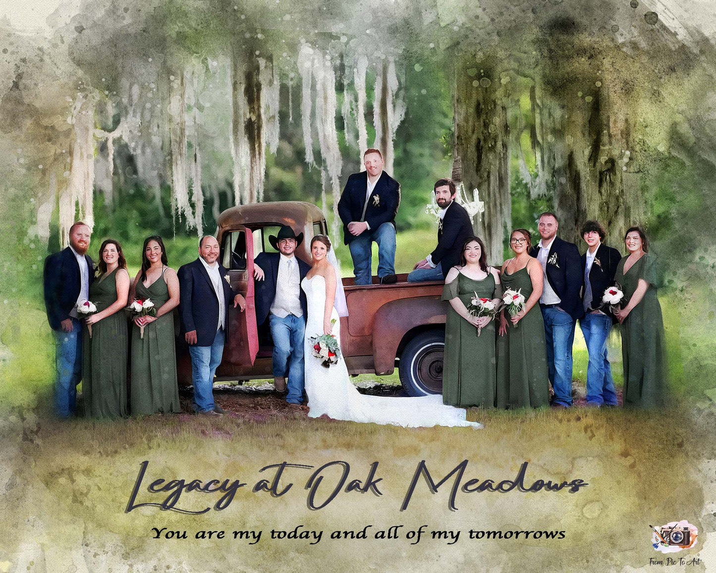 Custom rustic farm wedding portrait featuring bride, groom, and bridal party with antique truck under spanish mossy and old oaks – personalized canvas gift for wedding or anniversary, by FromPicToArt