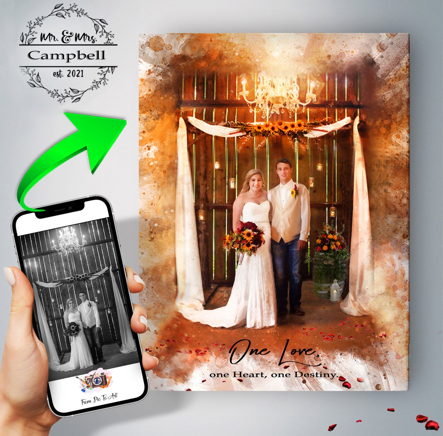 Custom rustic wedding portrait by FromPicToArt, a vibrant watercolor painting of the bride and groom standing under a rustic arch decorated with sunflowers and a chandelier within a barn setting. The image includes a phone mockup showing the original black and white photo transformed into the colorful art, featuring the quote 'One love, one heart, one destiny.' Ideal for personalized barn wedding gifts, rustic anniversary presents, and unique couple art