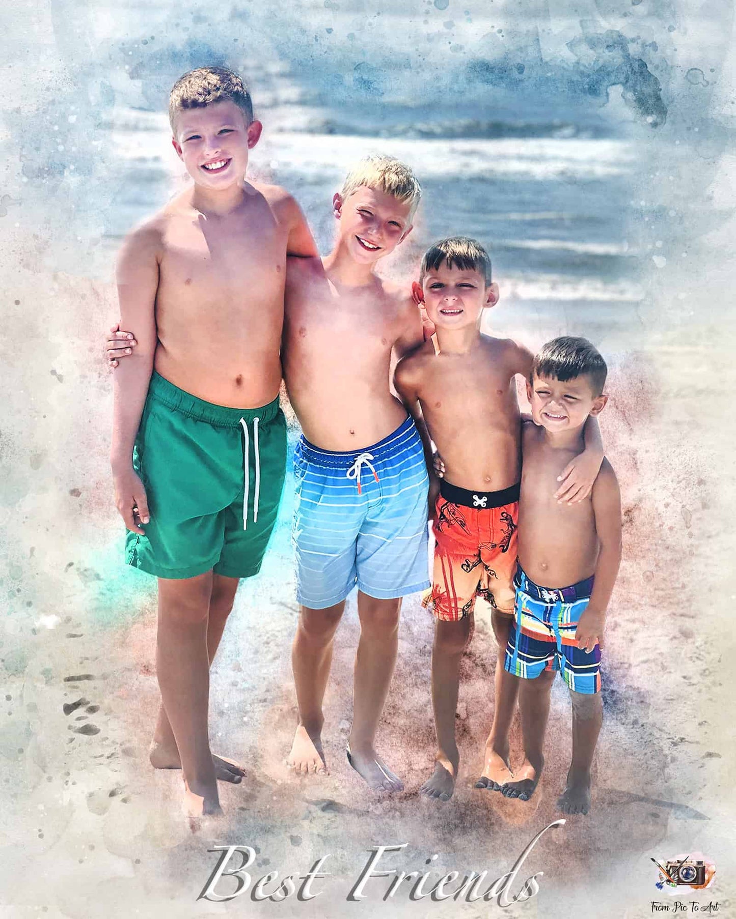 A custom watercolor painting of four young boys in swim trunks smiling on a beach, with "Best Friends" written below.