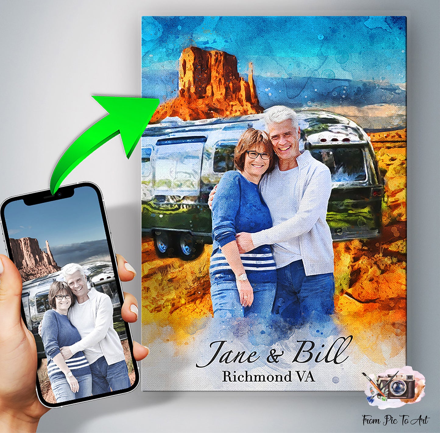 A hand holding a phone displaying a photo of a couple with an Airstream trailer and desert landscape, pointing to a custom watercolor painting of the same scene with the names "Jane & Bill" and "Richmond VA."