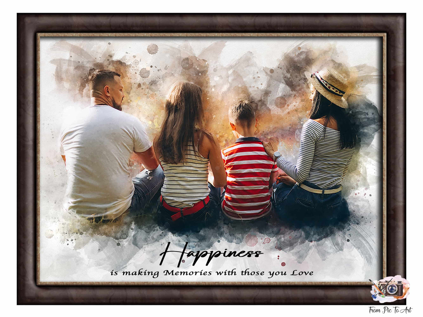 A custom watercolor painting from behind of a family of four (two adults, two children) sitting outdoors, with "Happiness is making Memories with those you Love" written below.