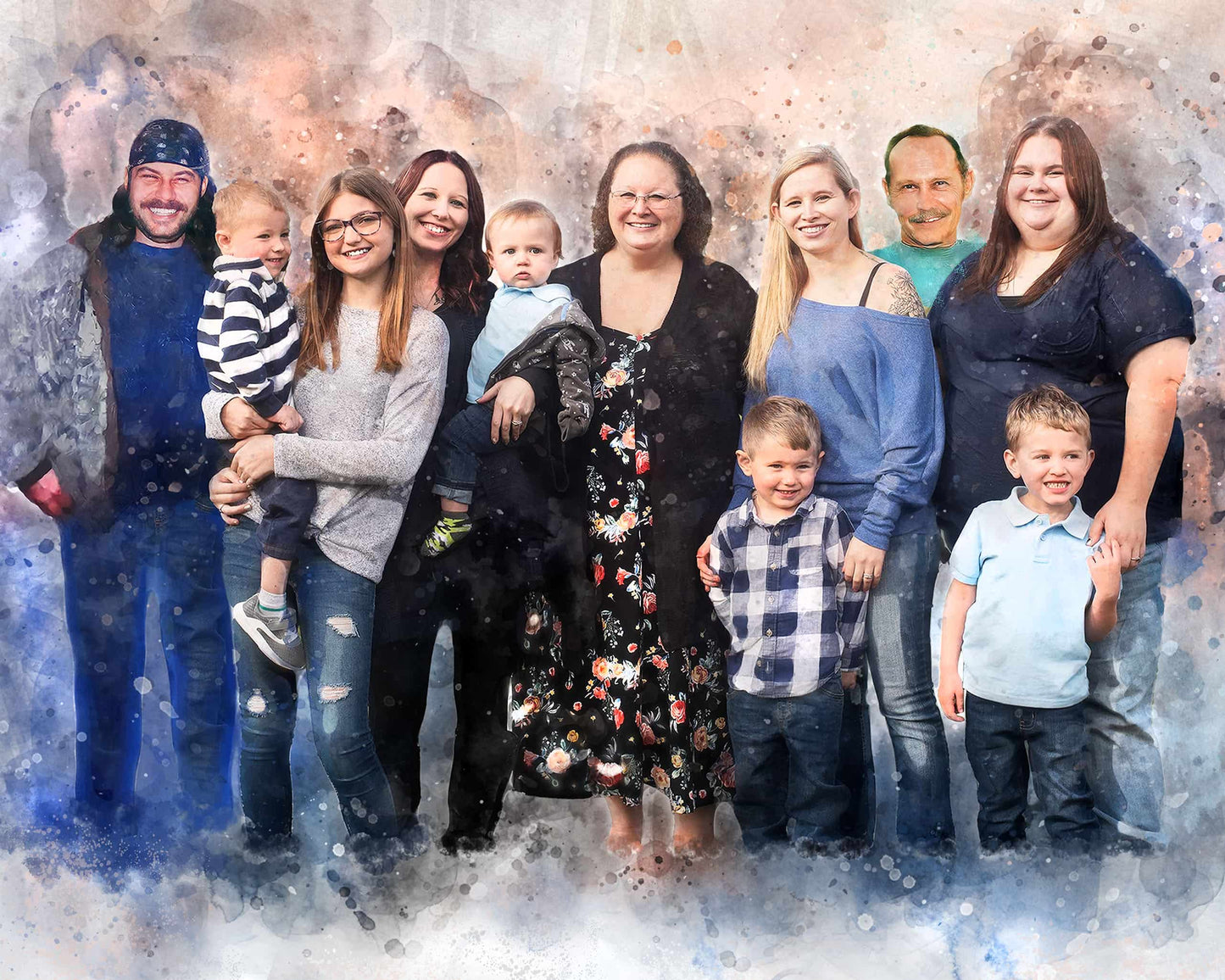A large, smiling multi-generational family, including adults and young children, depicted as a custom watercolor painting.