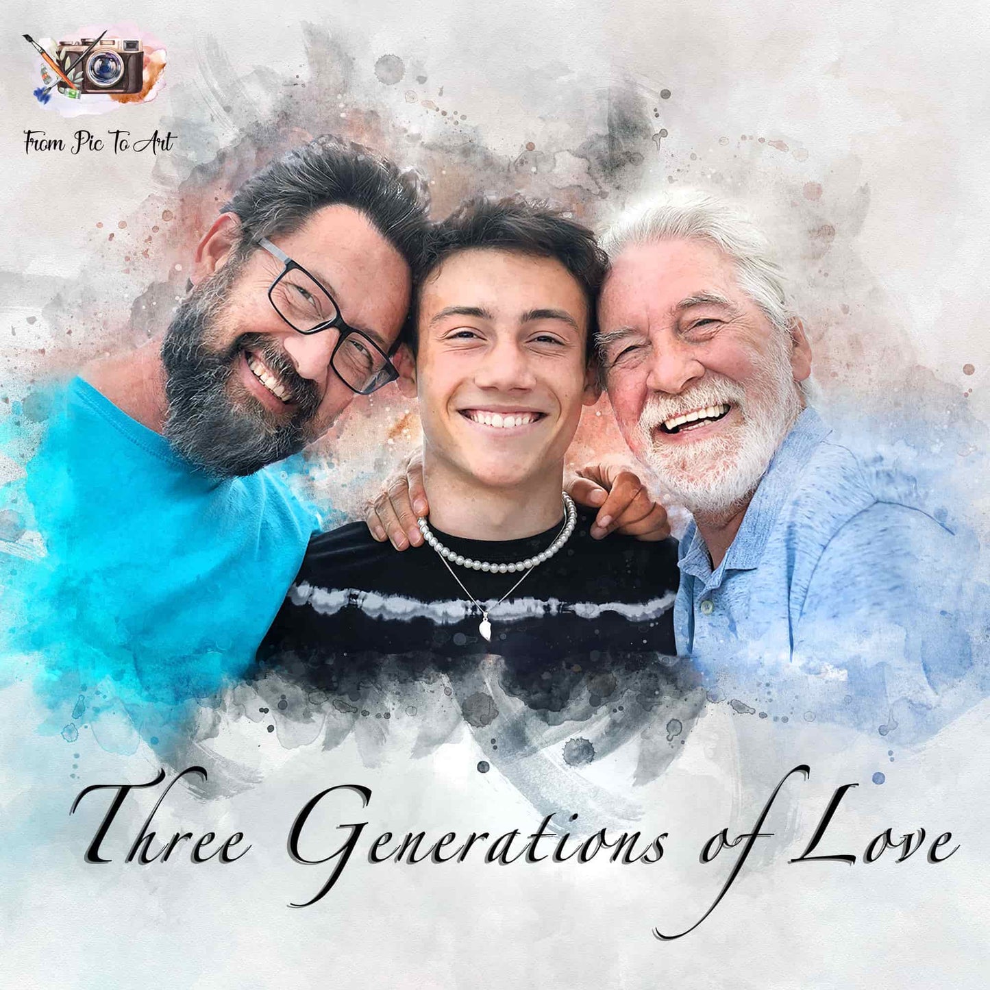 A custom watercolor painting depicting three smiling generations of men, with "Three Generations of Love" written below.