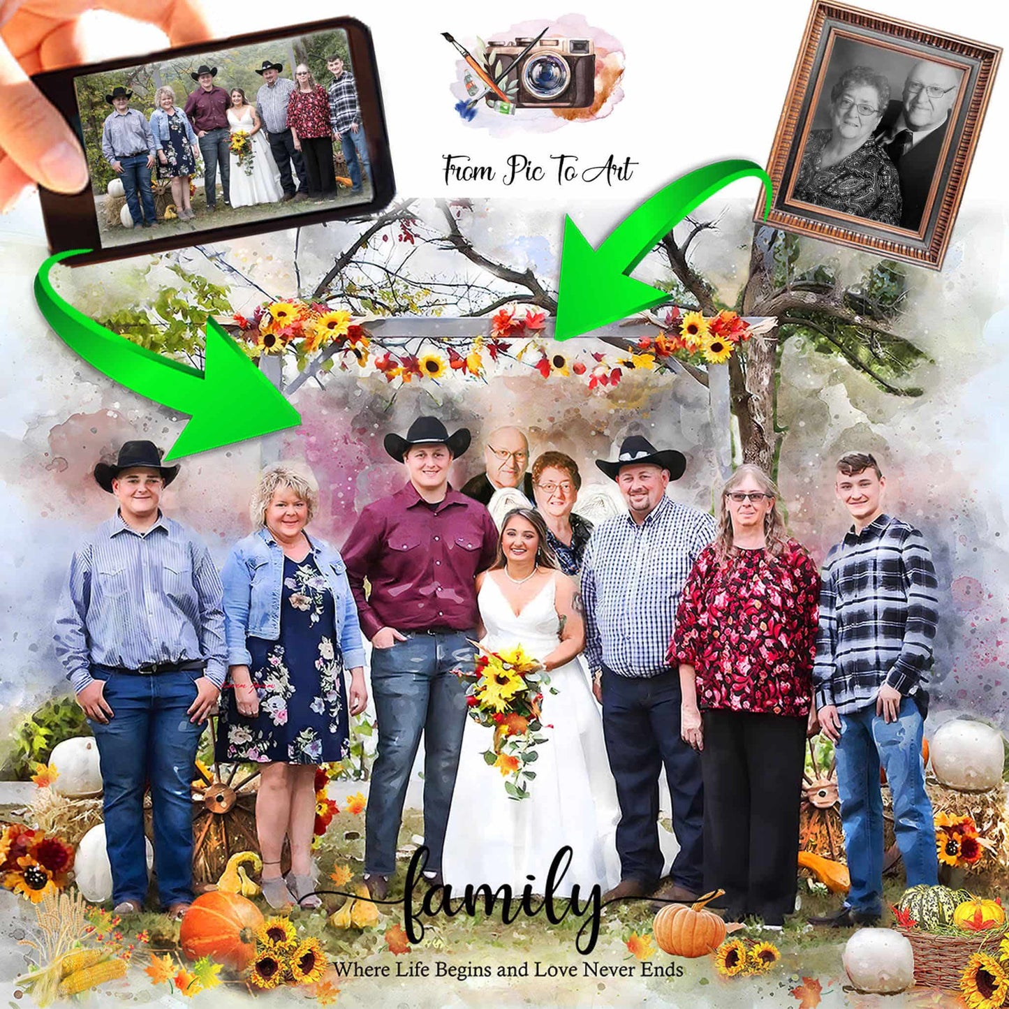 A large family portrait with a bride and groom, surrounded by pumpkins and sunflowers, depicted as a custom watercolor painting, with a phone showing the original photo and a framed portrait of an older couple.