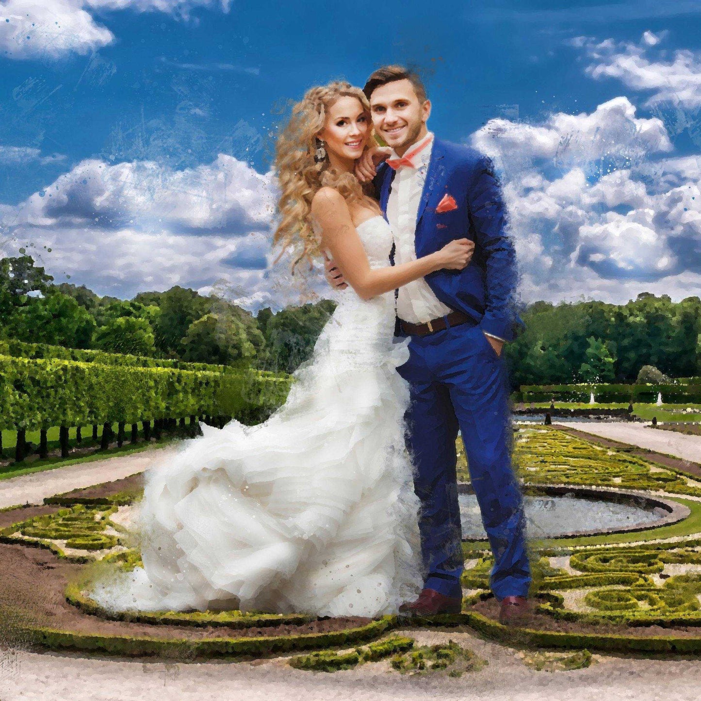 A happy wedding couple embracing in a formal garden, depicted as a custom watercolor painting.