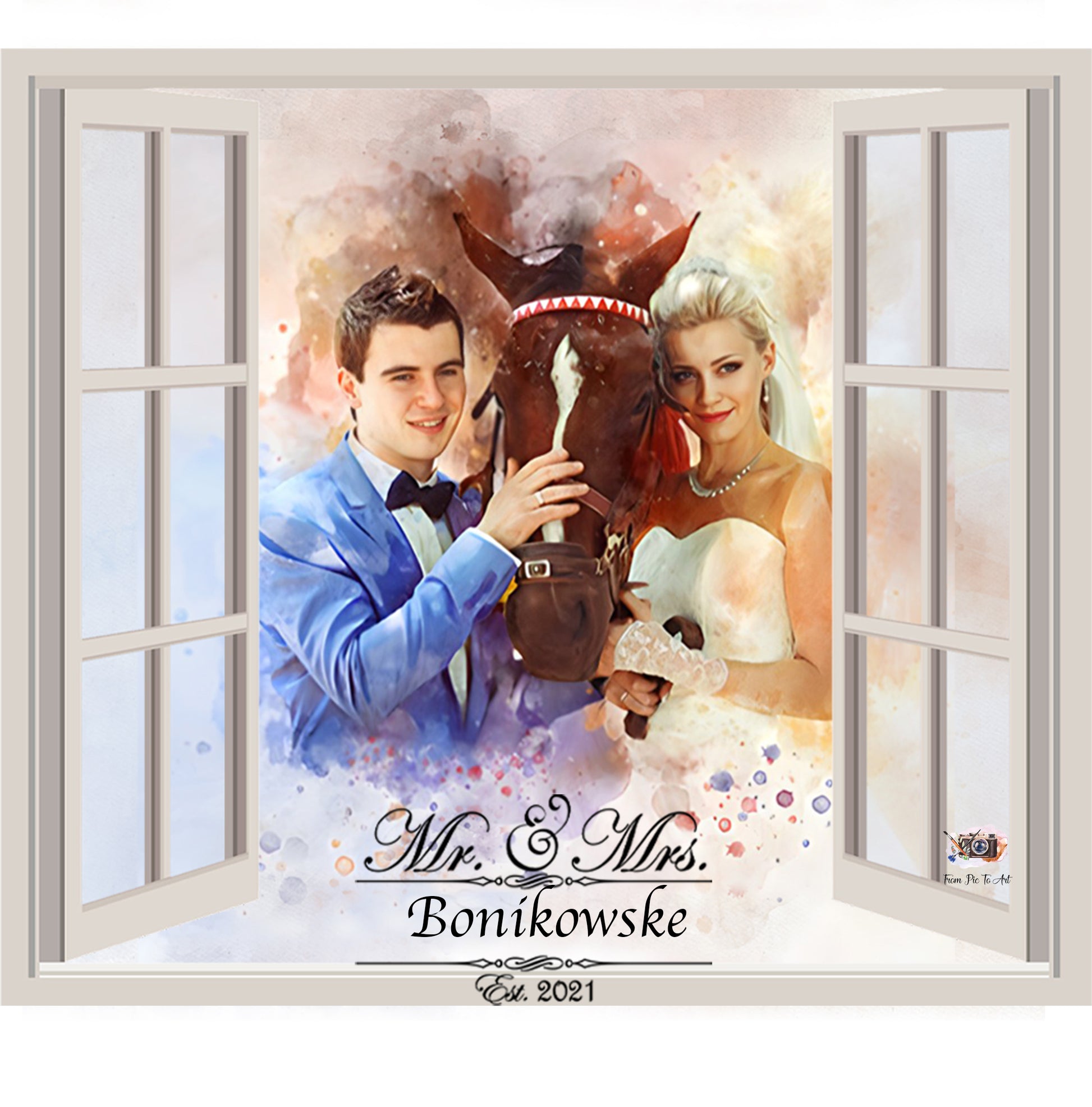 Custom watercolor portrait by FromPicToArt, presented as if seen through an open window. It depicts a smiling bride and groom with a brown horse, with 'Mr. & Mrs. Bonikowske Est. 2021' text. A unique 7-year anniversary gift.