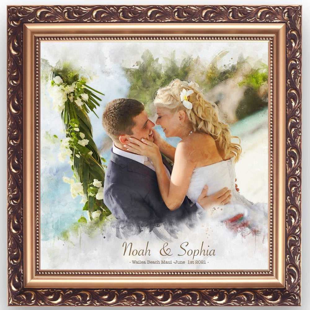 Custom watercolor portrait by FromPicToArt, framed in ornate gold. It depicts a bride with a flower in her hair embracing a groom, looking lovingly at each other, with a bright outdoor, tropical background. A romantic 7-year anniversary gift.