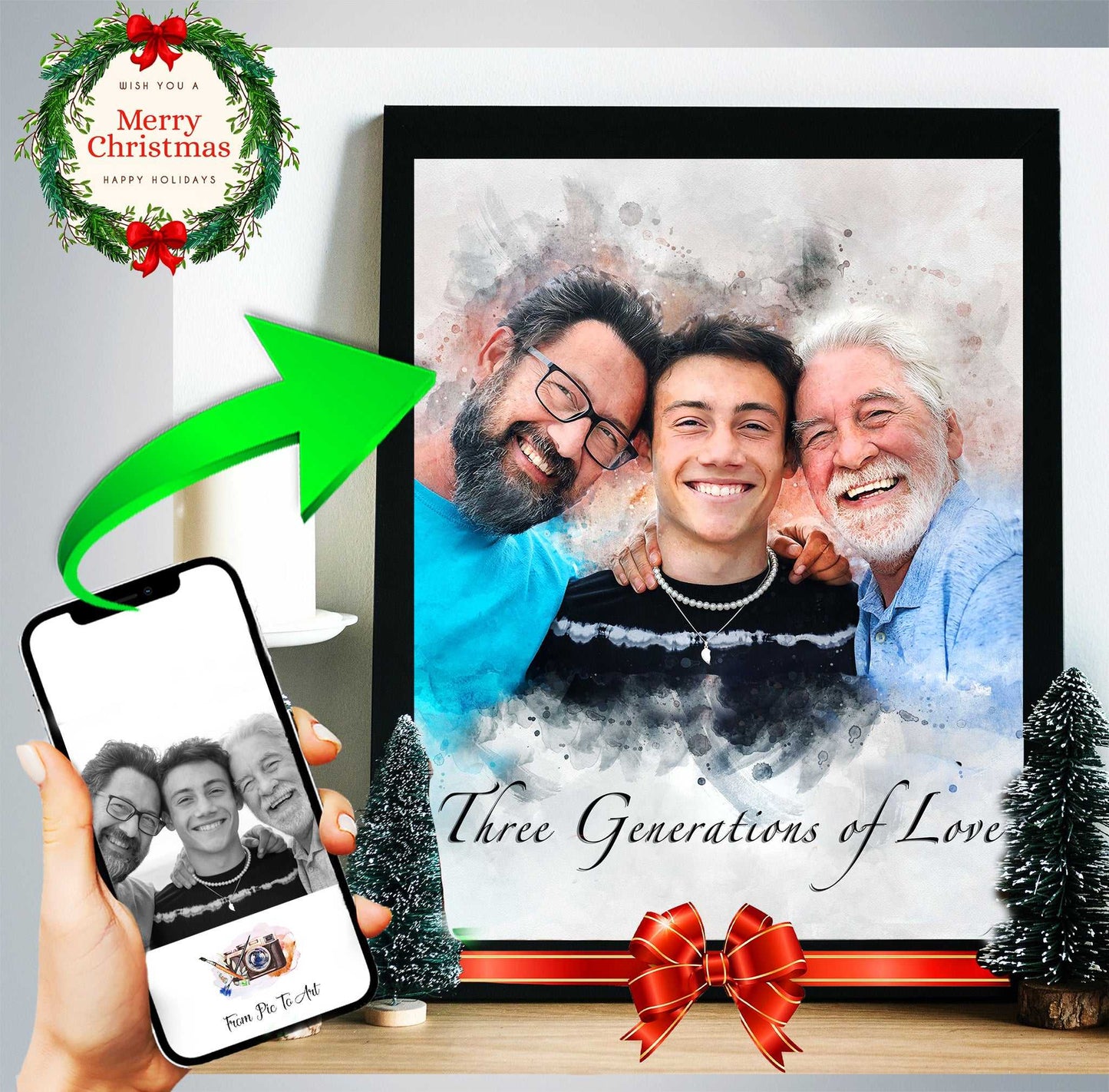 Custom three-generation family painting created from different photos, celebrating heritage and connections, personalized artwork by FromPicToArt