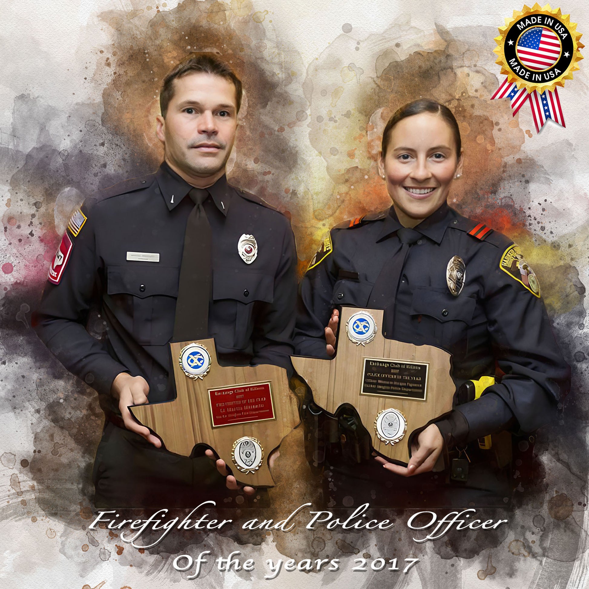 A custom watercolor portrait of a male firefighter and female police officer, both in uniform, proudly holding "Officer of the Year 2017" Texas-shaped plaques, a unique gift concept for Fire Chief Gifts or police awards.