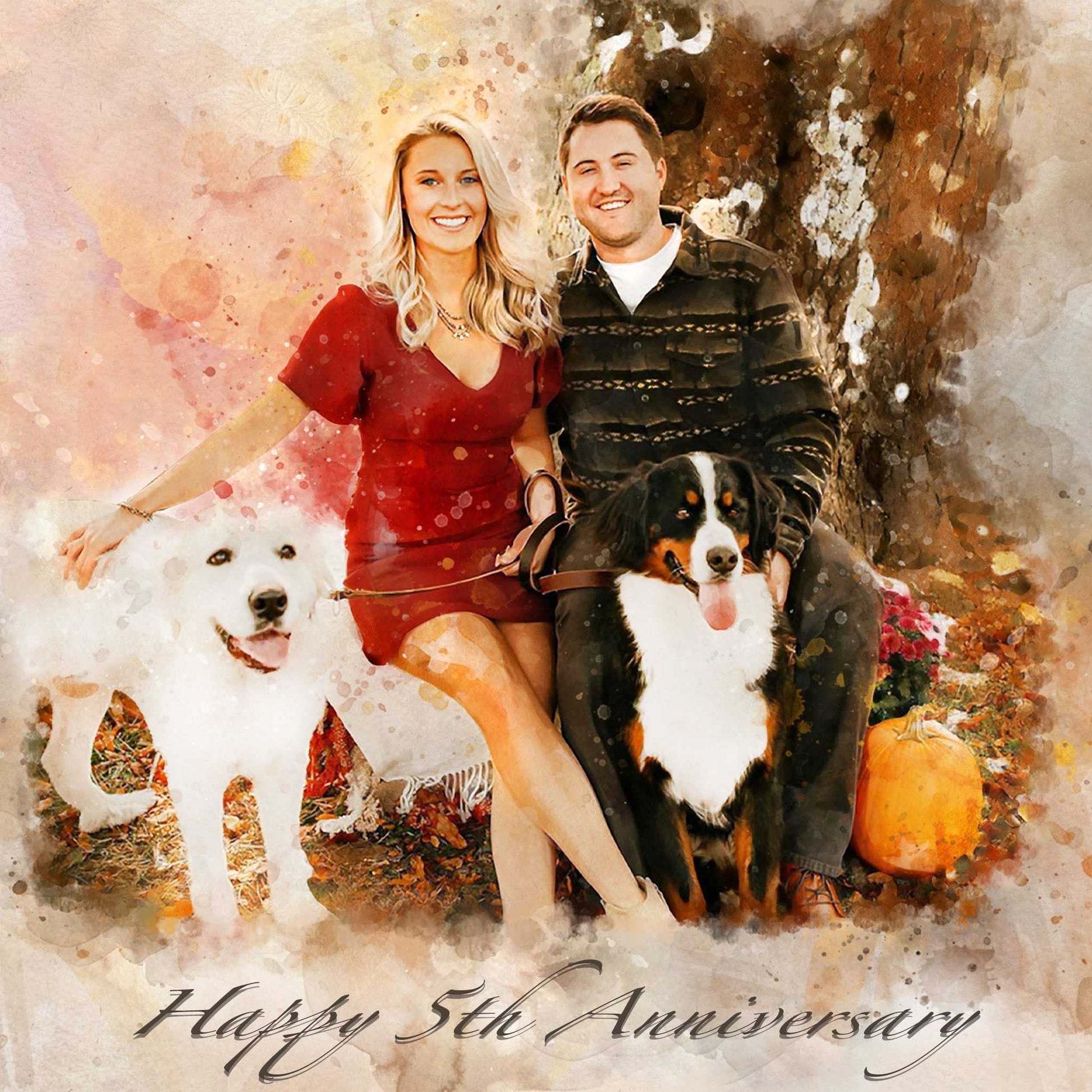 Custom watercolor portrait by FromPicToArt featuring a smiling couple with two dogs, a white Great Pyrenees and a Bernese Mountain Dog, next to a tree and a pumpkin. A wonderful 7-year anniversary gift.