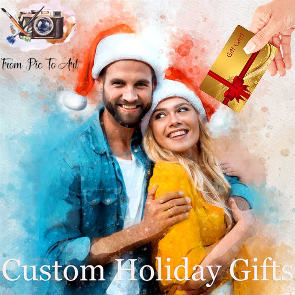 Young couple with Santa hats get a Christmas Gift Card