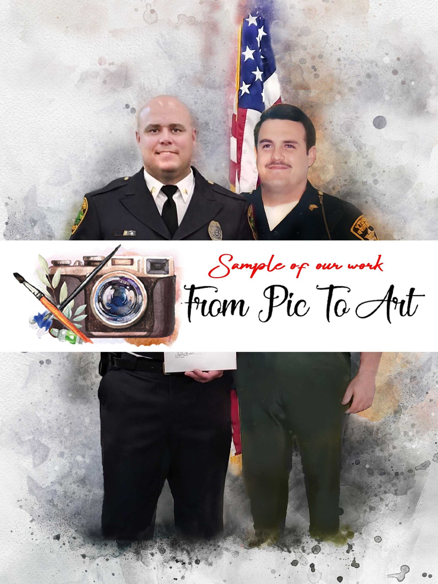 Gifts for Policeman. A custom painting with 2 officers standing next to each other in front of the US flag.