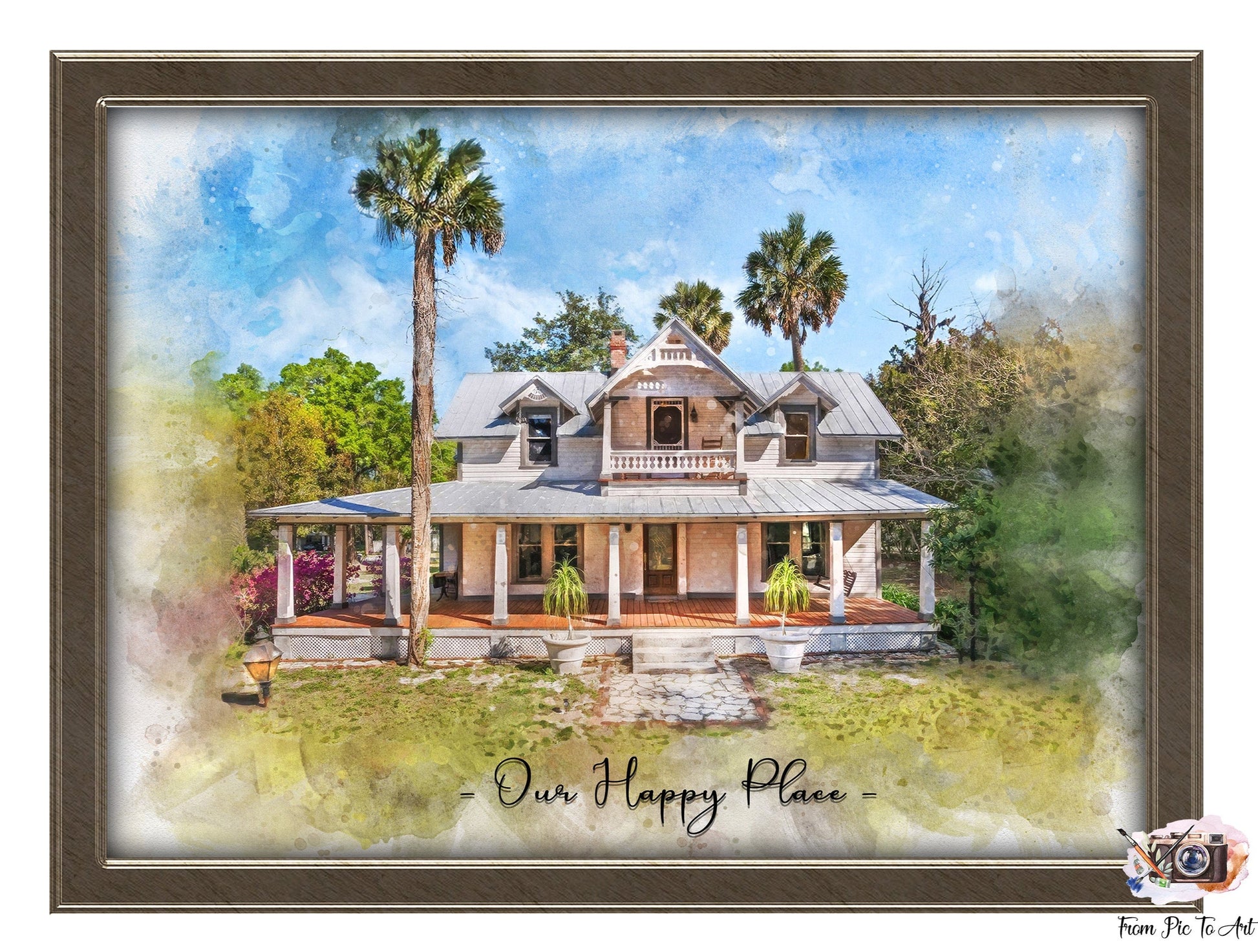 A framed watercolor painting of a charming, older house with palm trees, labeled "Our Happy Place," an excellent example of personalized Gifts for Realtors to give clients.
