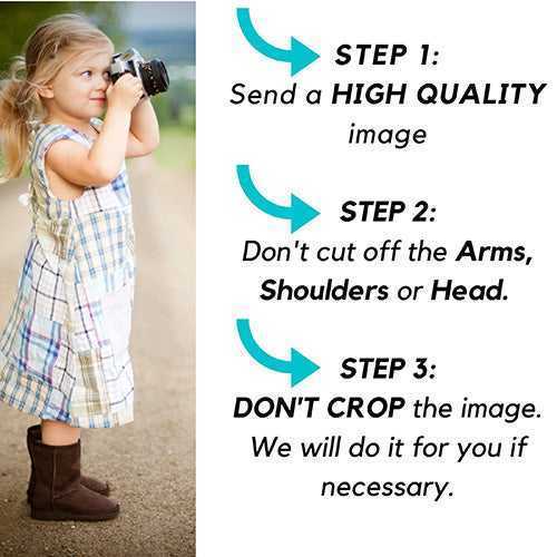 A young girl in a plaid dress and boots holds a camera to her eye. To her right, three blue arrows point to text providing instructions for submitting photos: "STEP 1: Send a HIGH QUALITY image", "STEP 2: Don't cut off the Arms, Shoulders or Head.", and "STEP 3: DON'T CROP the image. We will do it for you if necessary."