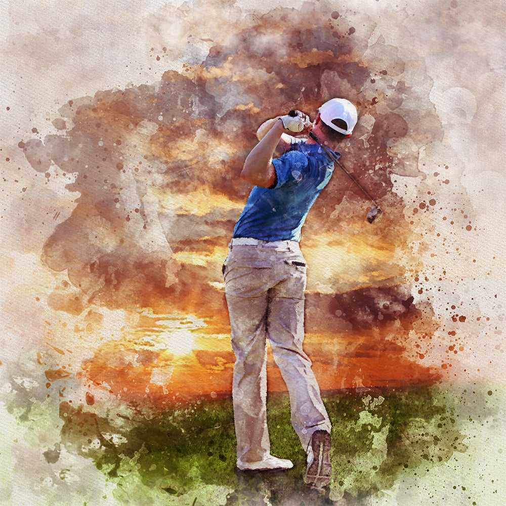 An energetic golf art watercolor painting captures a male golfer in a blue shirt and white cap mid-swing against a vibrant sunset.