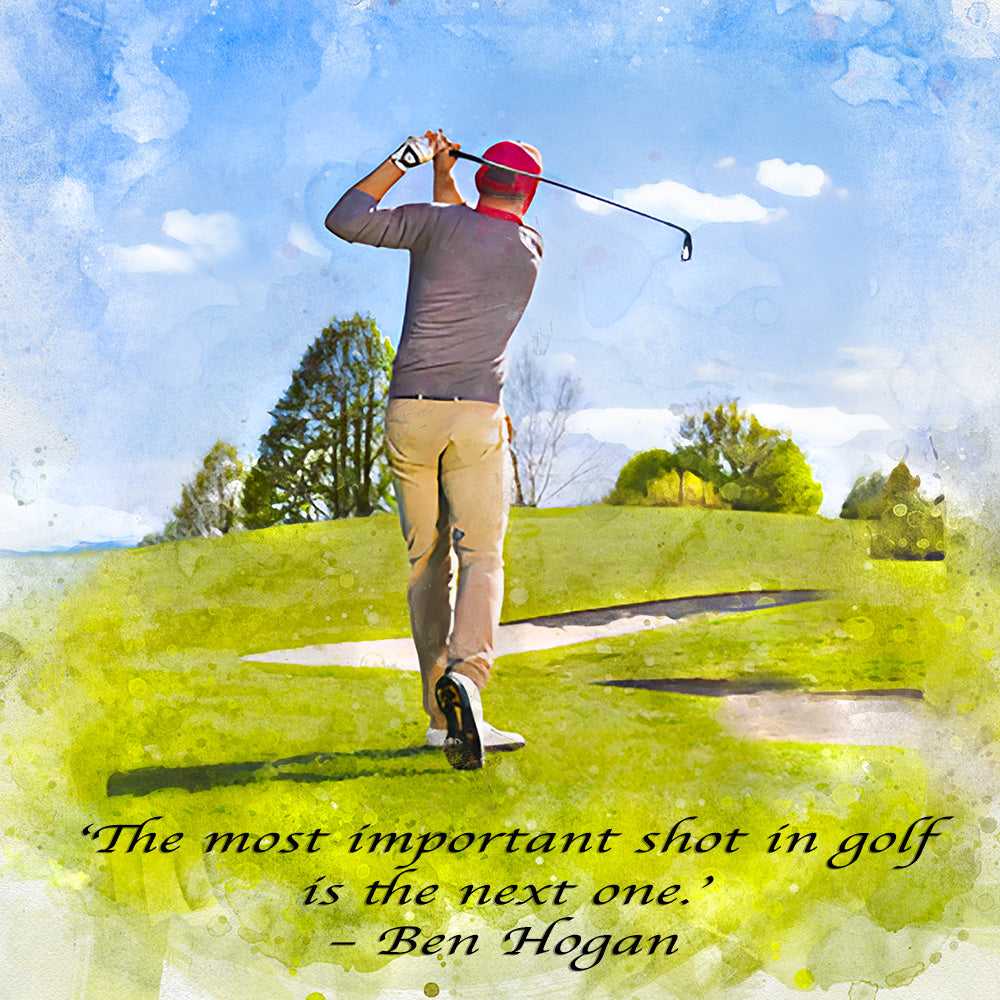 A dynamic golf art watercolor depicts a male golfer in a grey shirt and red cap mid-swing on a green course, with a motivational quote by Ben Hogan about the "next shot."