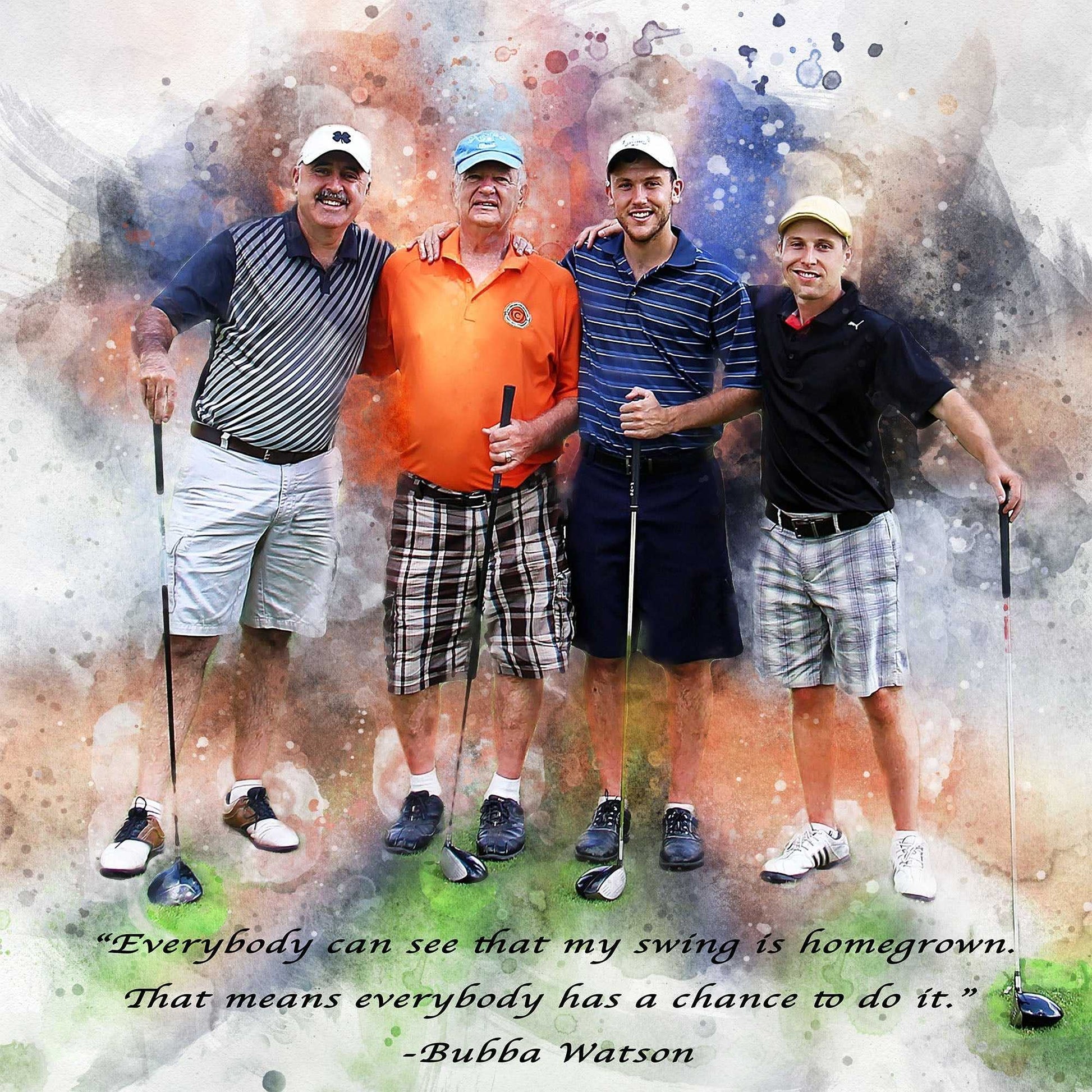 A joyful group portrait of four male golfers, rendered in a vibrant golf art watercolor style, stands together with clubs, featuring a quote by Bubba Watson about a "homegrown" swing.