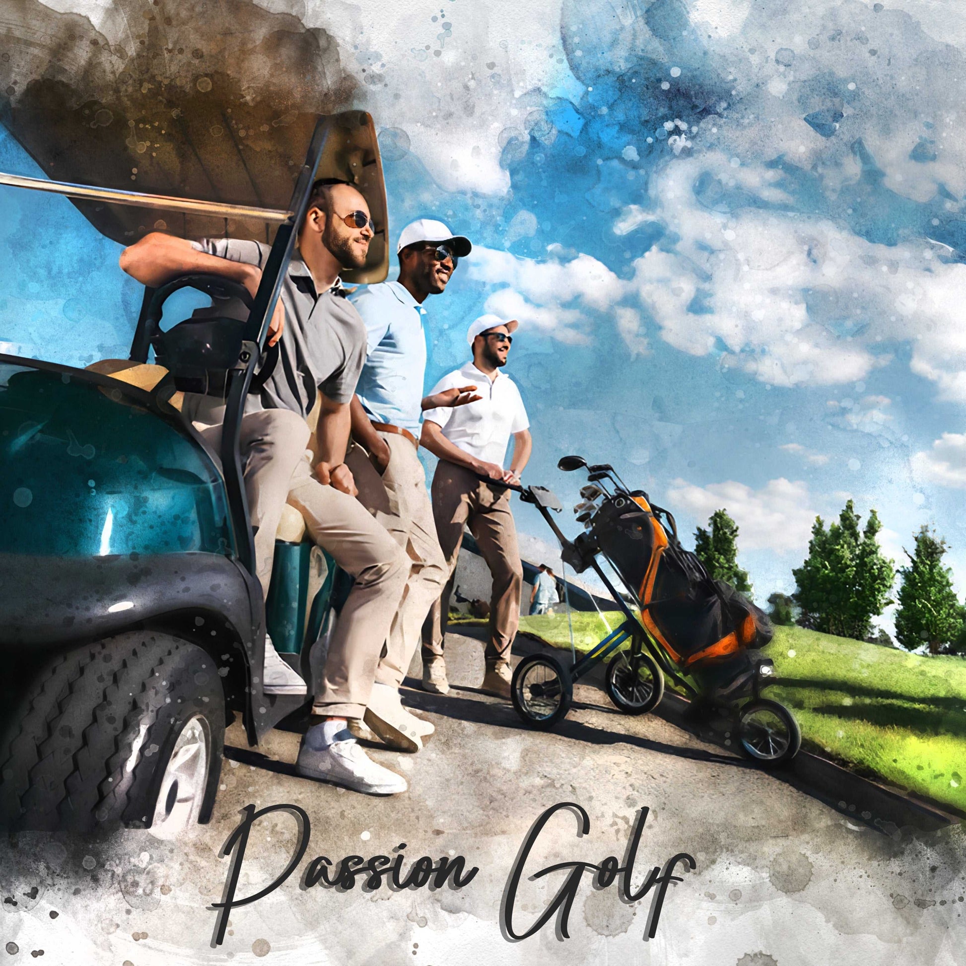 A dynamic golf art watercolor depicts three male golfers by a golf cart, two smiling and one seated, with a golf bag on a pushcart nearby, all under a bright sky, with "Passion Golf" inscribed at the bottom.