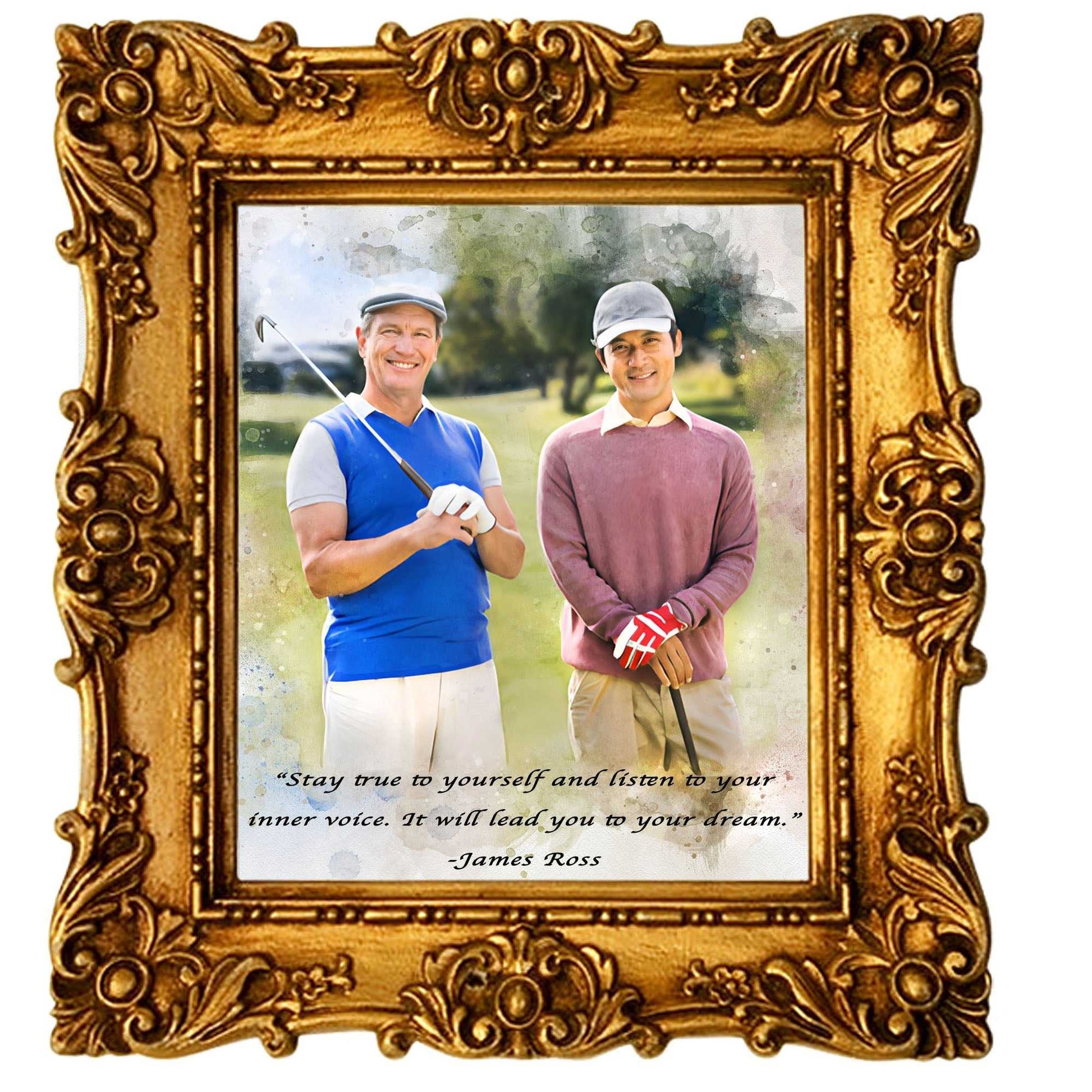 A gold-framed golf art watercolor portrait features two smiling male golfers, one in blue holding a club and the other in pink, with an inspirational quote by James Ross.