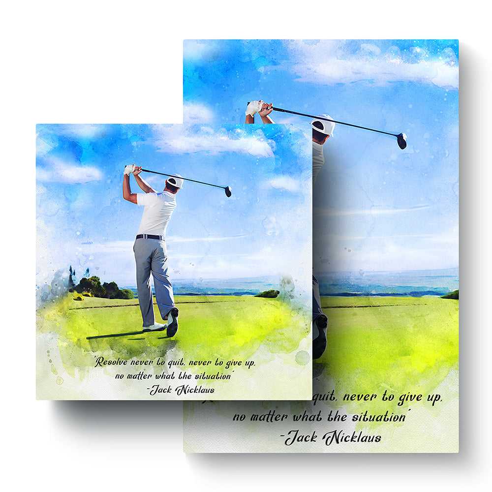 A two-panel golf art display features watercolor paintings of a male golfer mid-swing on a green course under a blue sky, accompanied by an inspirational quote by Jack Nicklaus about never quitting.