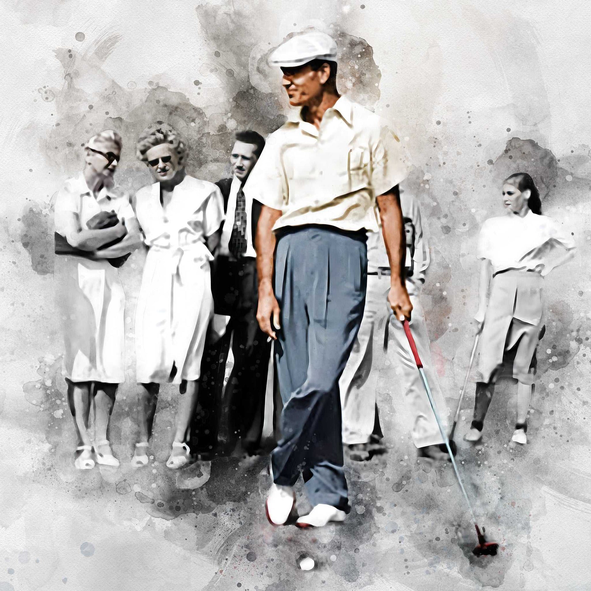 A captivating black and white golf art watercolor portrays a group of golfers, with a prominent male golfer in a cap and light shirt holding a putter, looking down at a golf ball.