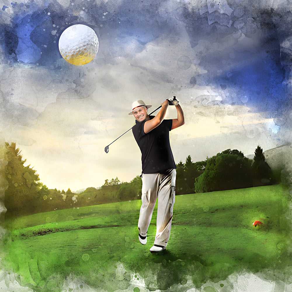 A whimsical golf art watercolor depicts a smiling male golfer in a hat mid-swing on a green course, with a giant golf ball resembling a moon in the sky