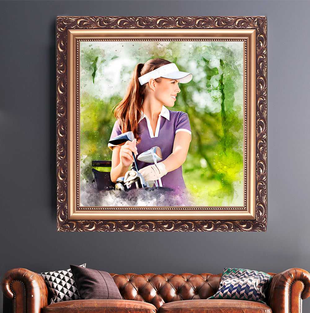 A stunning framed watercolor golf art piece hangs above a brown leather couch, depicting a female golfer in a purple shirt and white visor selecting a club from her bag.