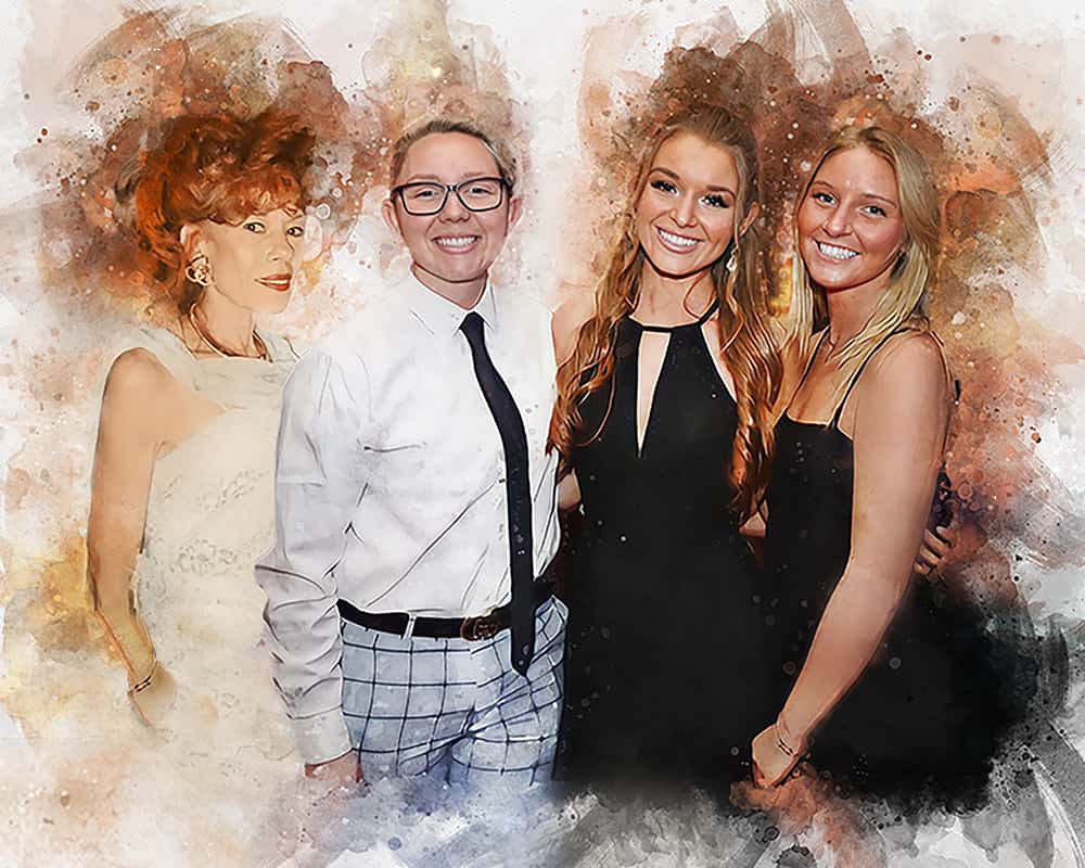 A custom portrait features four smiling women. One wears a white shirt and tie, another a black dress, a third a formal white dress, and the fourth a black top. This group portrait captures a cherished memory, making it a thoughtful choice for lesbian gifts.