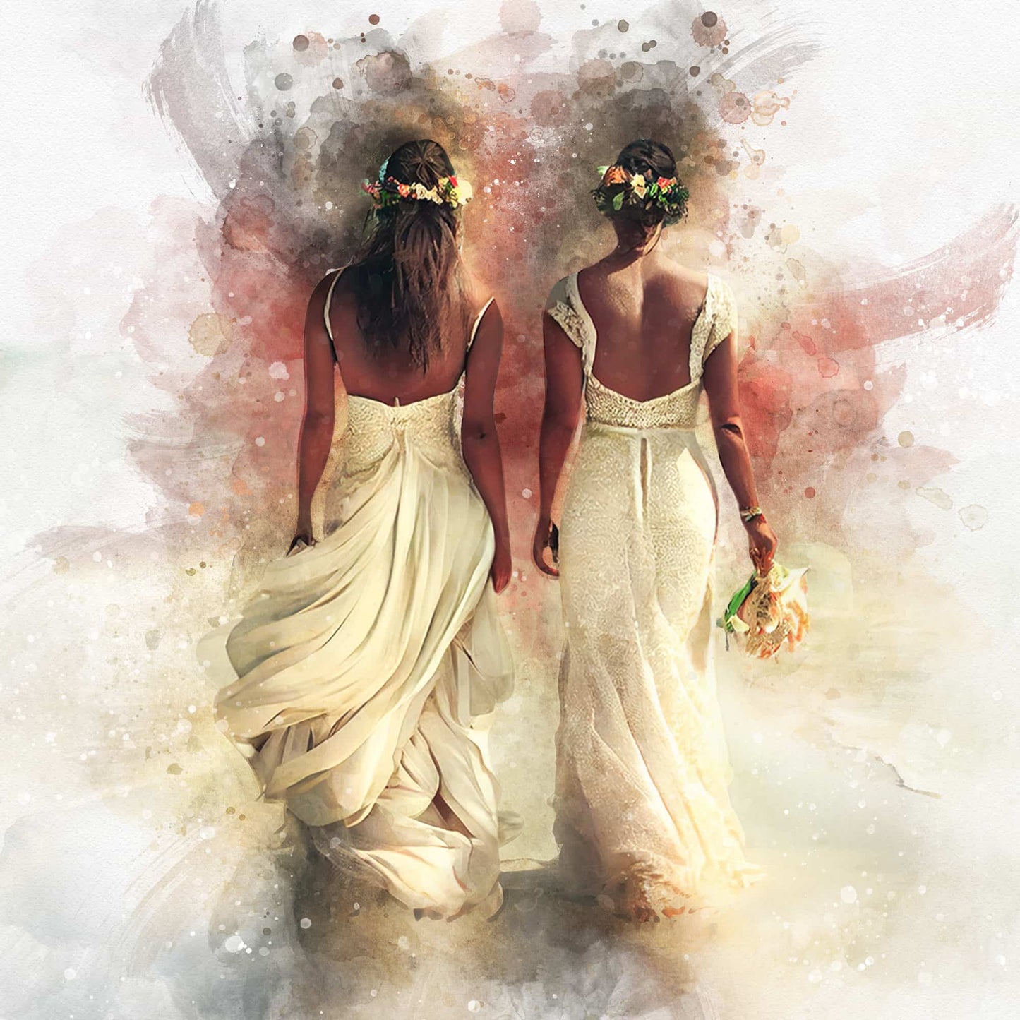 A romantic watercolor-style portrait shows two brides from behind, walking away, both wearing white wedding dresses and floral crowns. One bride holds a bouquet of flowers. This artistic representation captures a beautiful moment, making it an ideal choice for lesbian gifts.