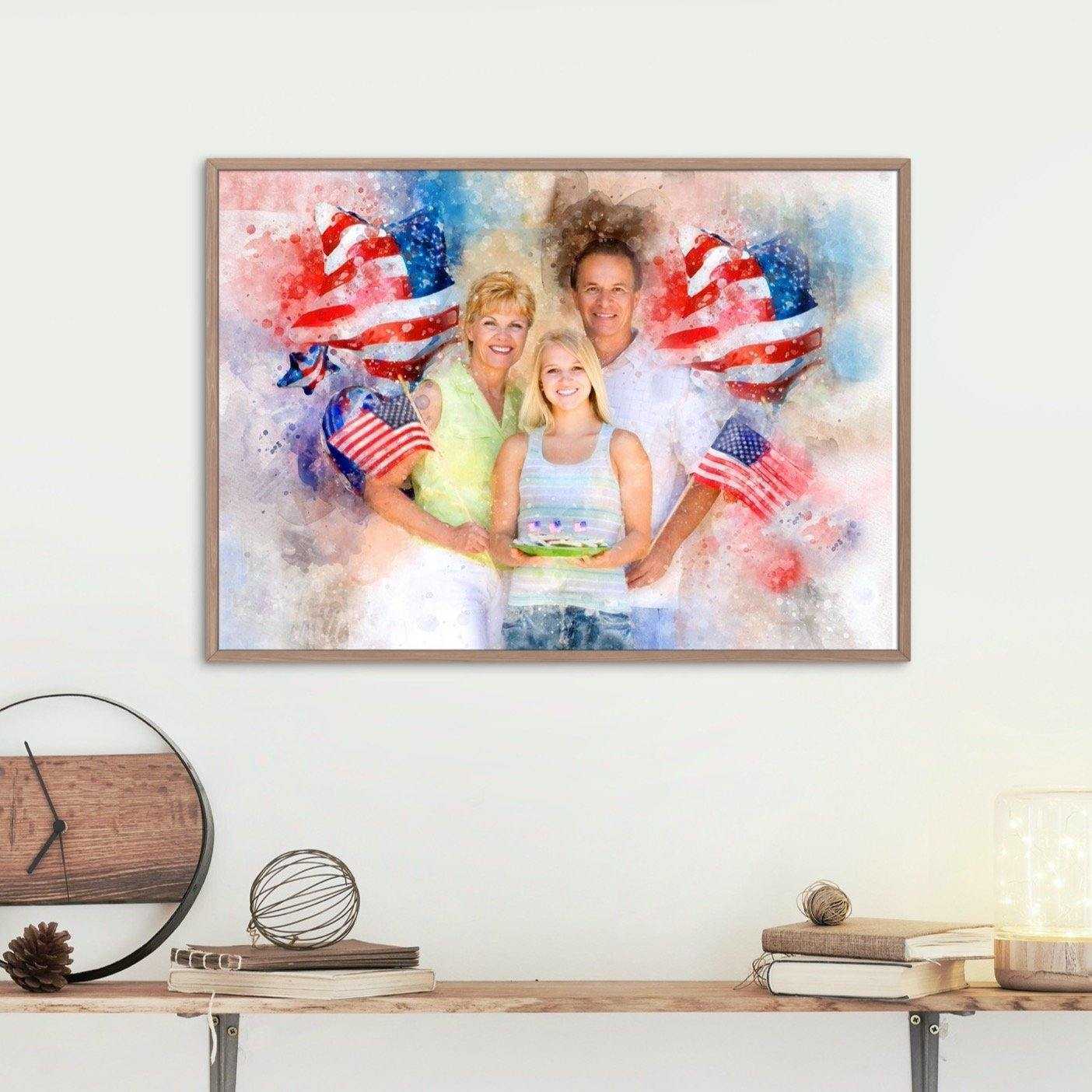 Patriotic Wall Art, Patriotic Painting with Stars and Stripes, Red White Blue Portrait - FromPicToArt