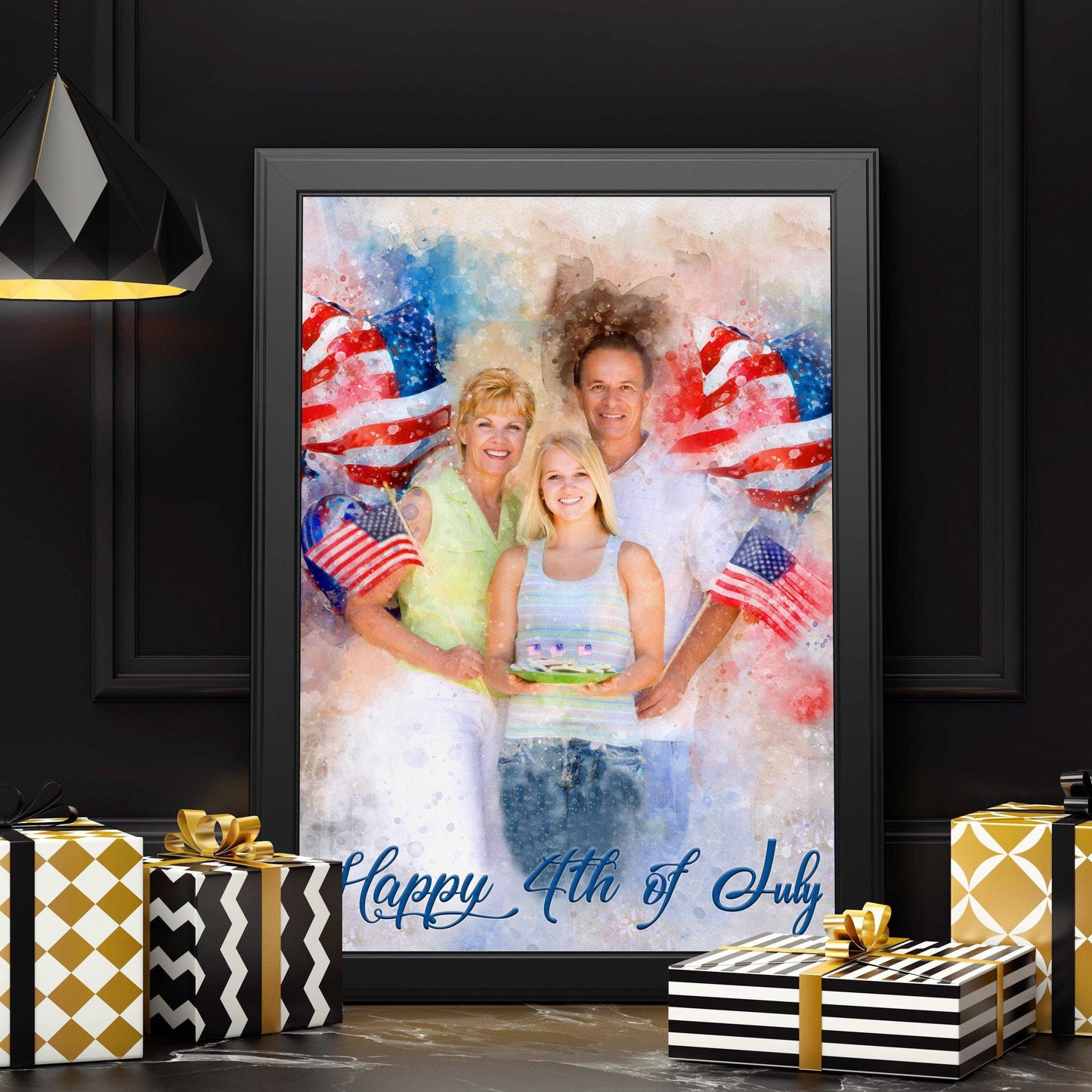 Patriotic Wall Art, Patriotic Painting with Stars and Stripes, Red White Blue Portrait - FromPicToArt