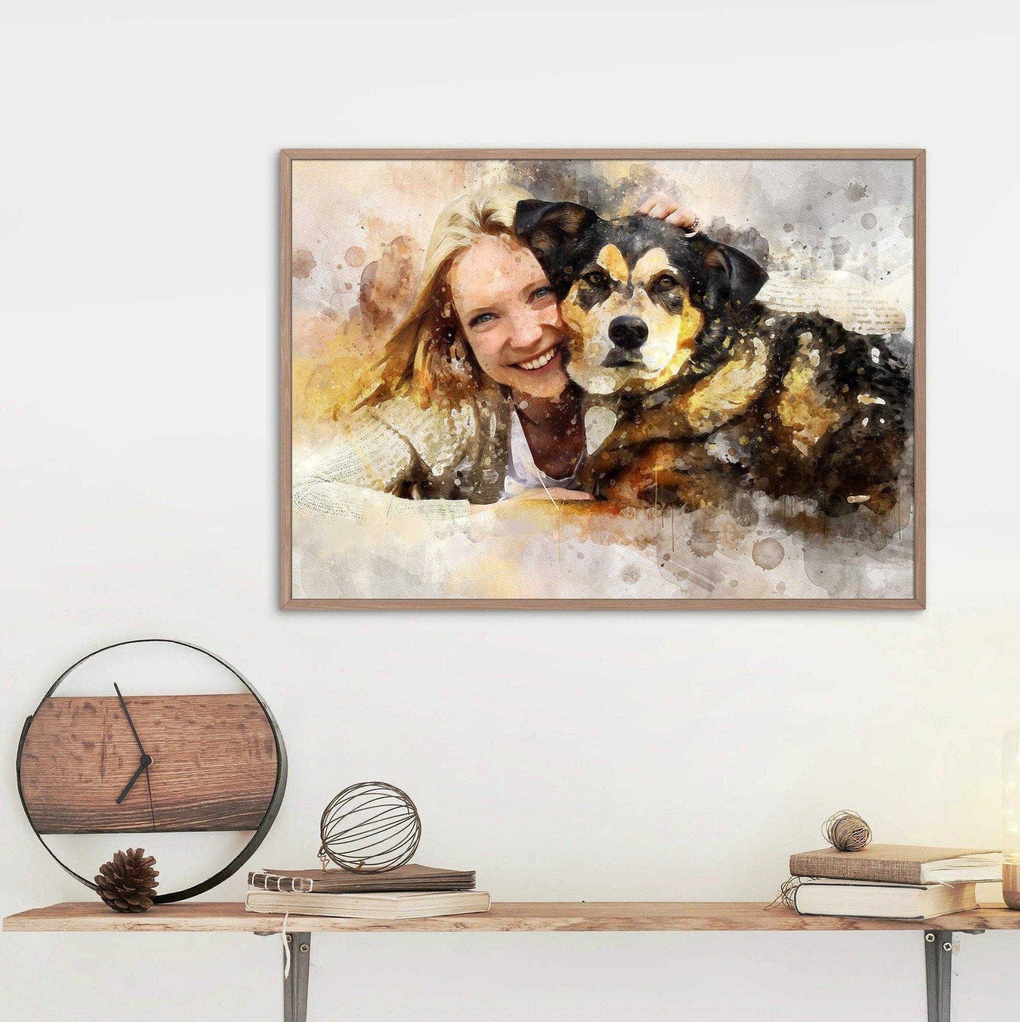 Custom painted portrait of a Girl with her big black Dog