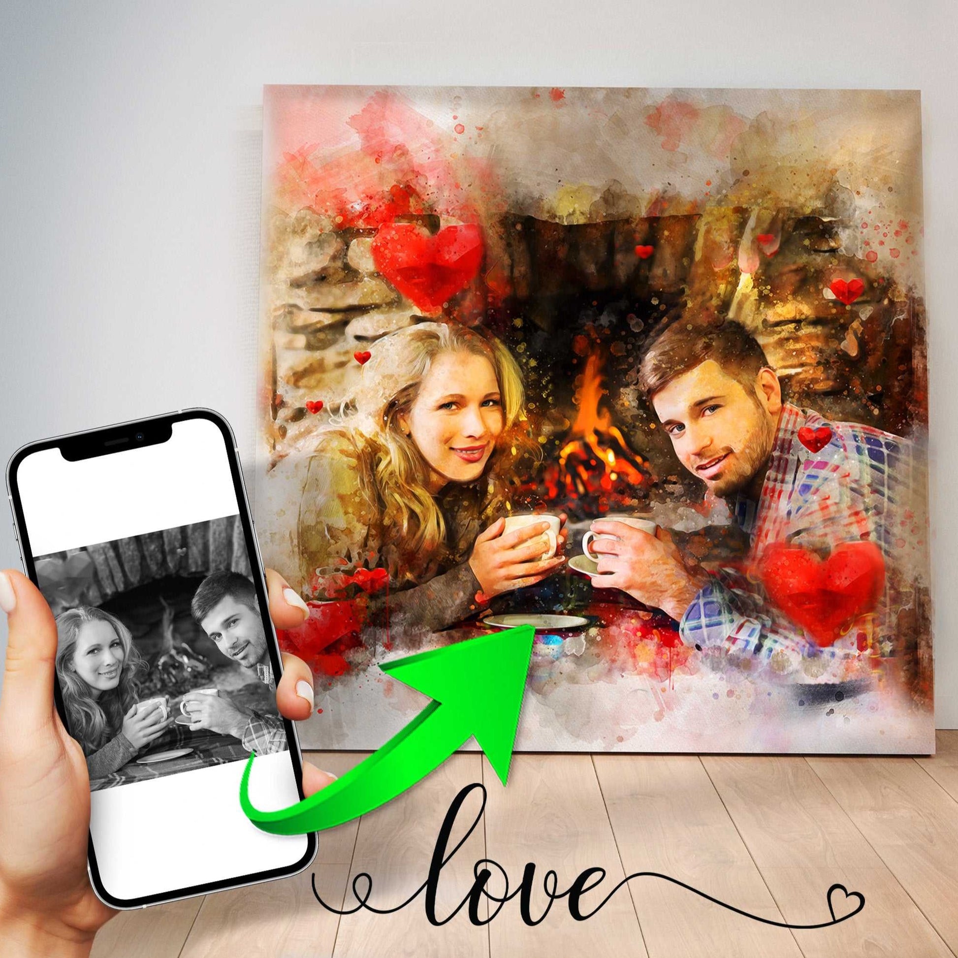A side-by-side comparison by FromPicToArt shows a smartphone with a black and white photo of a couple by a fireplace transforming into a vibrant watercolor portrait with red hearts and 'love' text. This is a cozy 7-year anniversary gift.