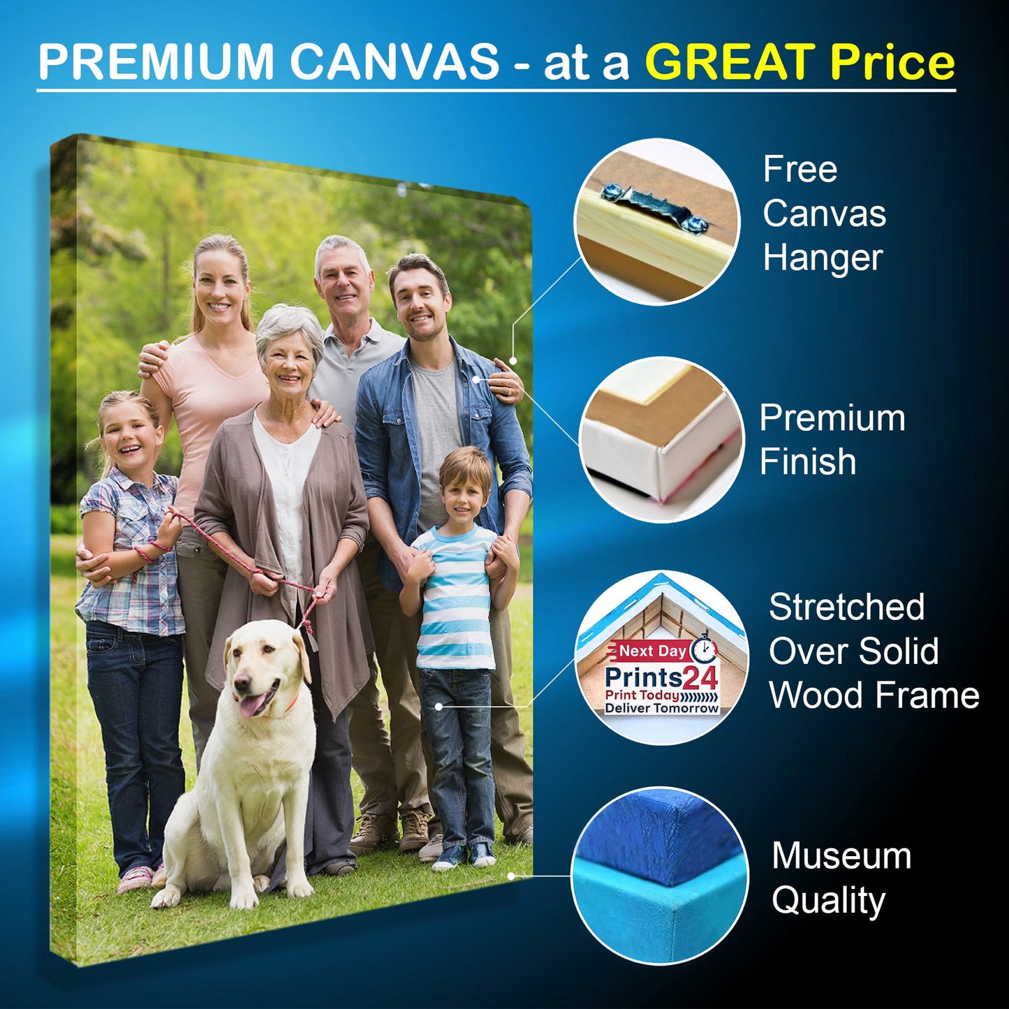 A multi-generational family portrait shows two smiling adults, two older adults, and two young children, along with a white dog on a leash. They stand outdoors in front of green foliage. The image emphasizes the quality of the canvas print, with callouts for "Free Canvas Hanger," "Premium Finish," "Stretched Over Solid Wood Frame," and "Museum Quality." The text "PREMIUM CANVAS - at a GREAT Price" and "Next Day Prints24" are also visible.