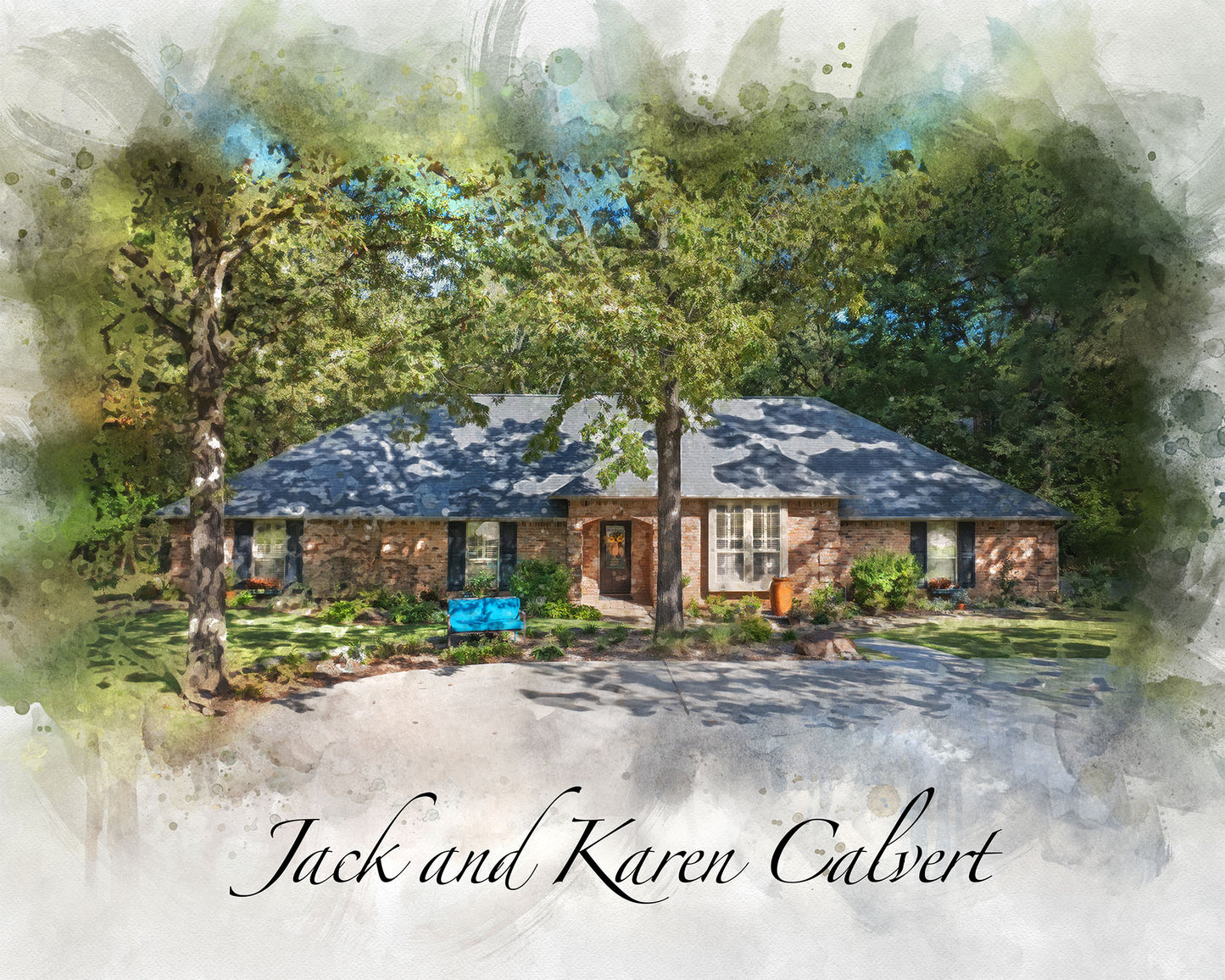 A watercolor-style Custom House Portrait of a brick ranch-style home with a dark roof and black shutters, nestled among green trees, with a blue yard sign near the front.