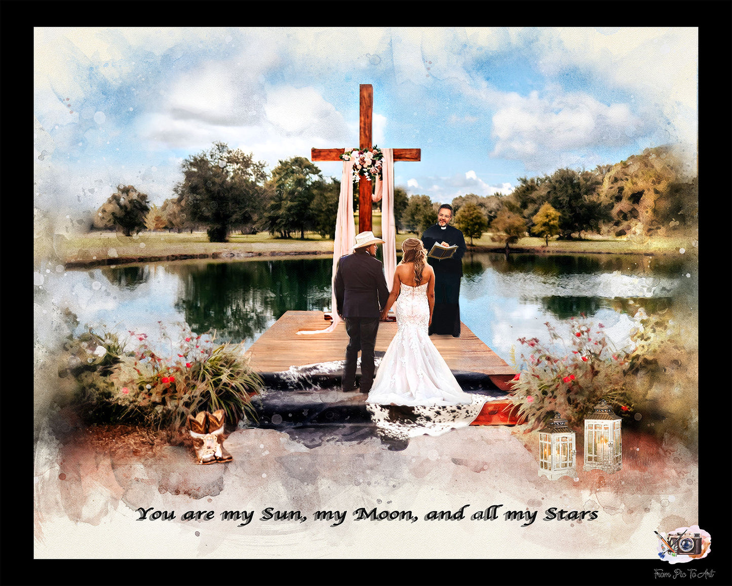 Custom portrait of a romantic country wedding ceremony by a lake, featuring a bride and groom standing at a wooden dock altar with a cross,Personalized with the quote You are my Sun, my Moon, and all my Stars, by FromPicToArt