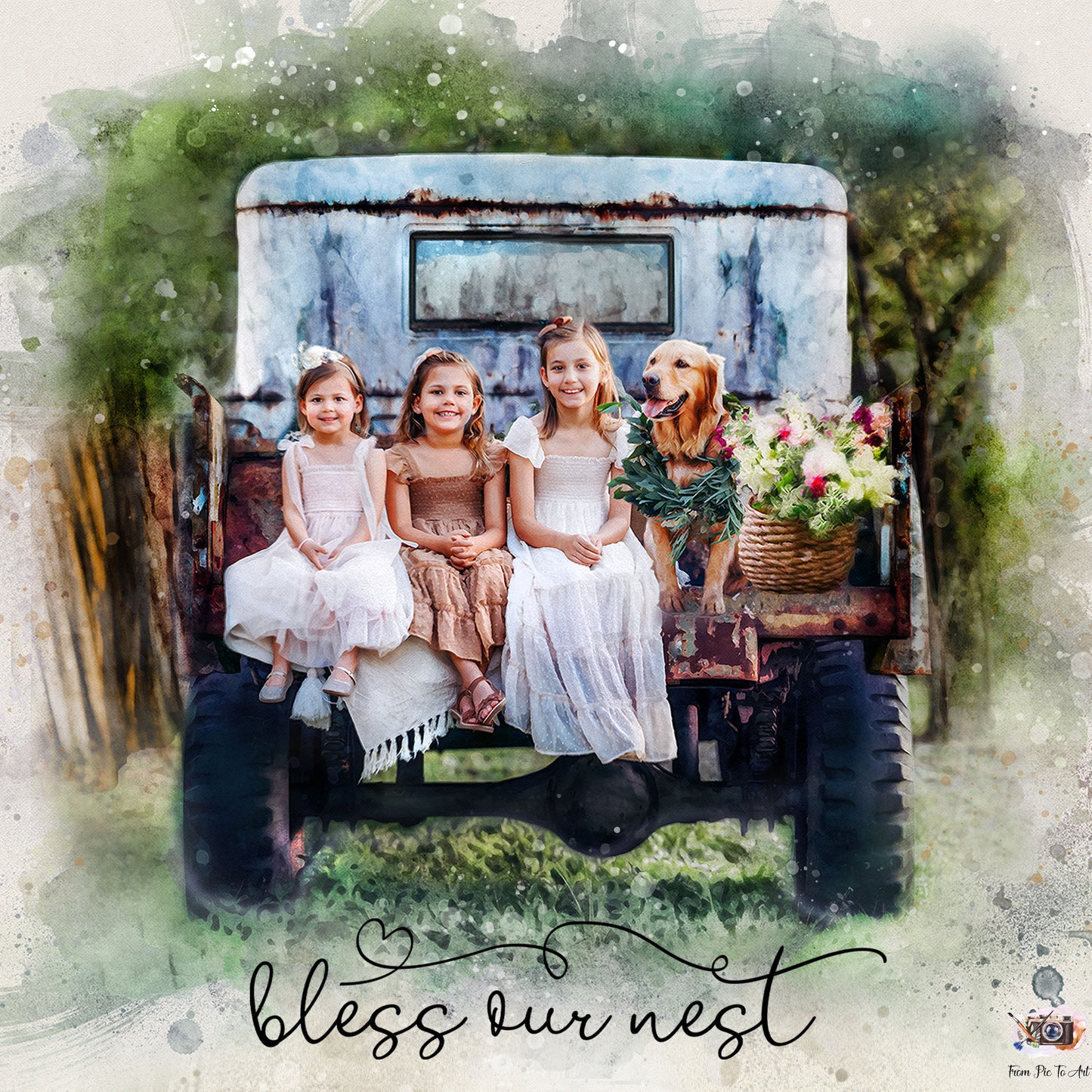 Watercolor portrait by FromPicToArt of a golden retriever with a floral garland, sitting with three young siblings in wedding outfits on the back of a rustic, possibly antique pickup truck, with a basket of flowers beside them.