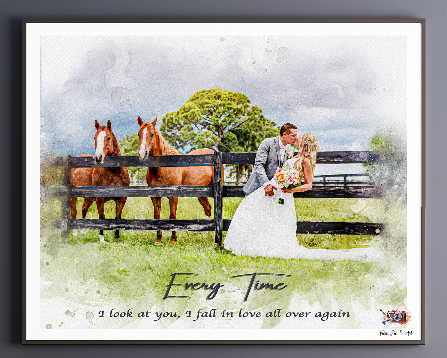 Rustic barn wedding portrait of a bride and groom kissing by a wooden fence with two horses nearby, watercolor-style canvas art by FromPicToArt. Personalized wedding gift idea capturing romantic countryside charm