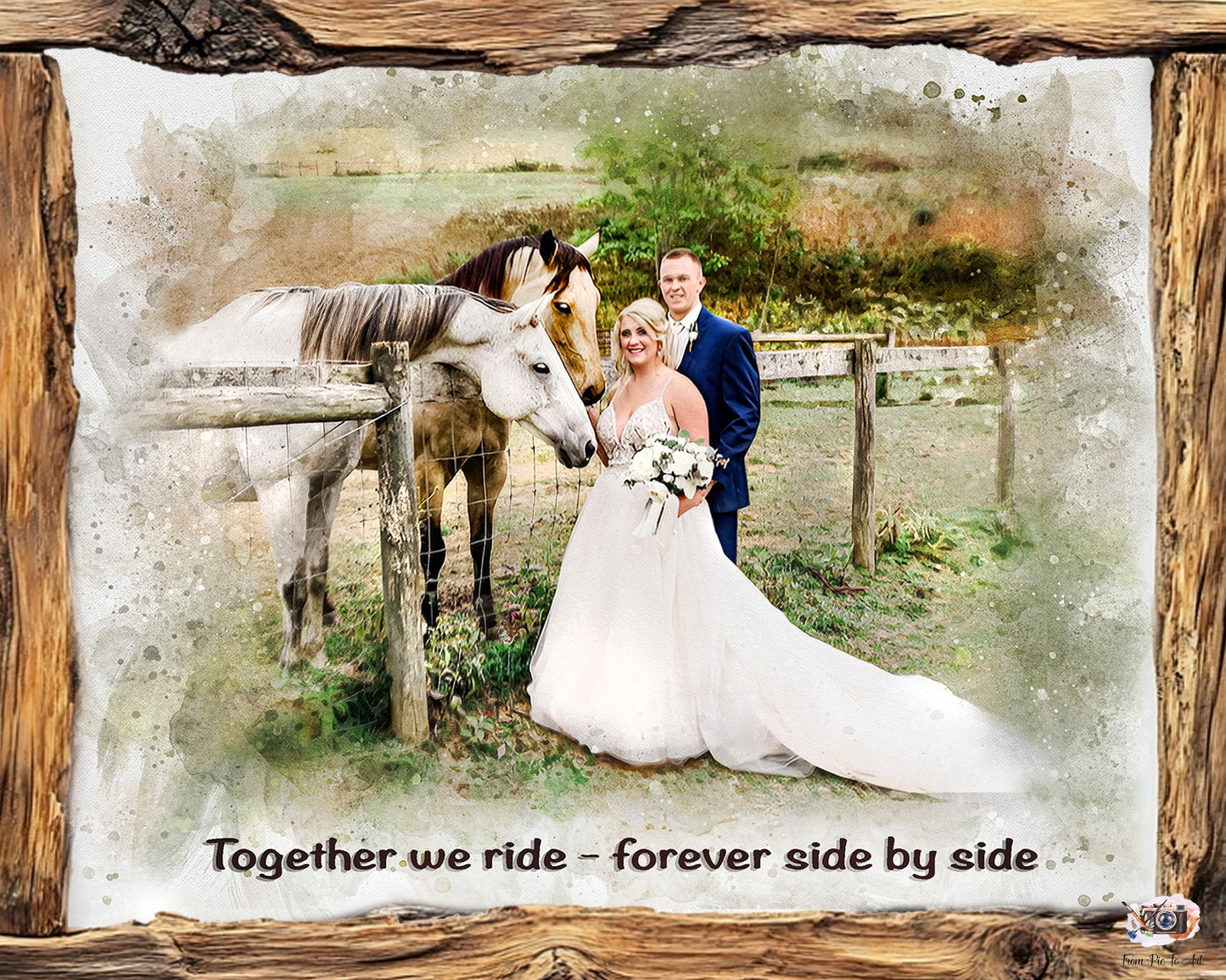 Wedding portrait by FromPicToArt featuring a happy bride and groom in a rustic wedding setting with two horses symbolizing 'Together we ride – forever side by side
