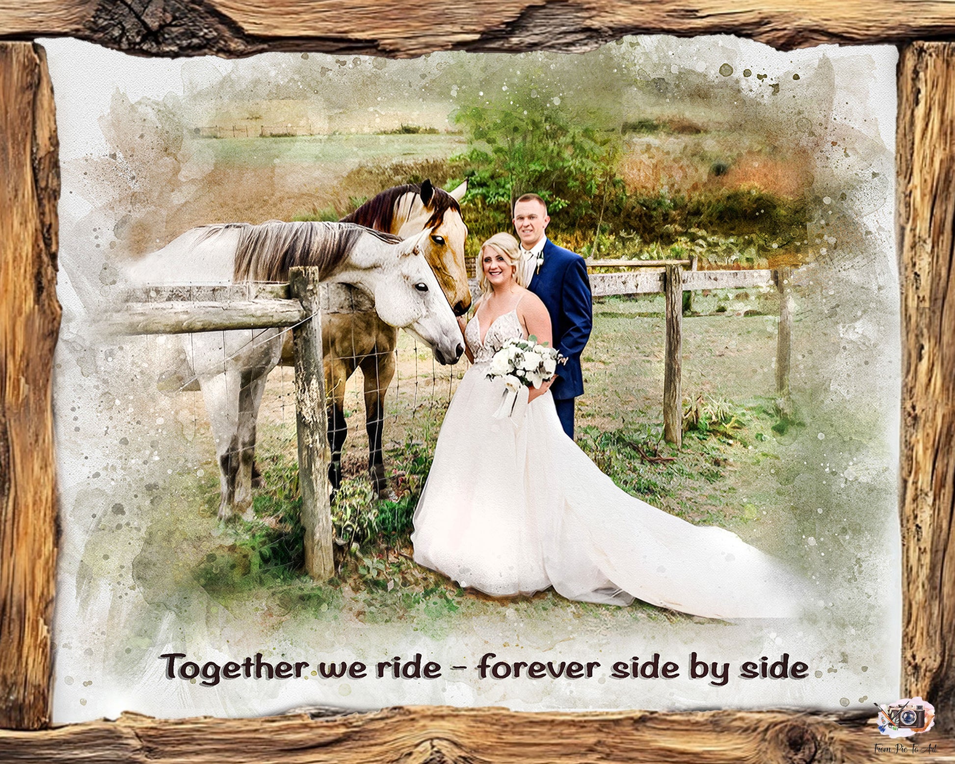 Wedding portrait by FromPicToArt featuring a happy bride and groom in a rustic wedding setting with two horses symbolizing 'Together we ride – forever side by side