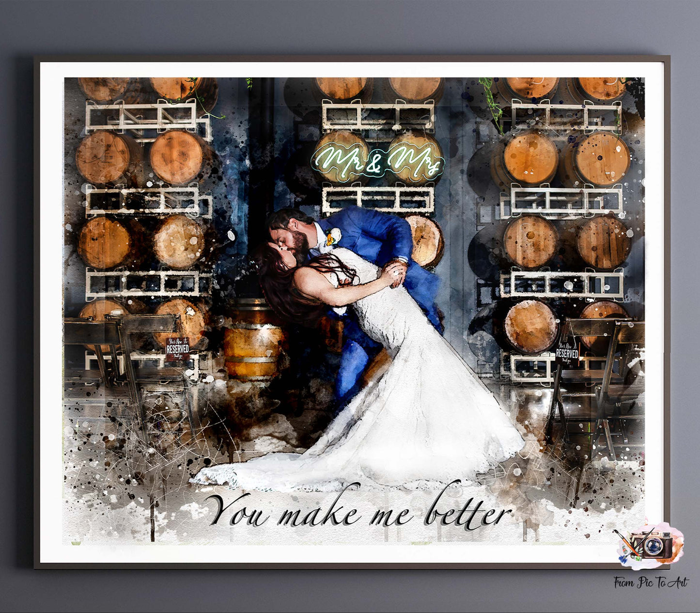 Custom rustic wedding portrait by FromPicToArt featuring a bride and groom in a rustic winery or barrel room setting. Ideal for vineyard wedding art, personalized anniversary gifts, and unique couple portraits