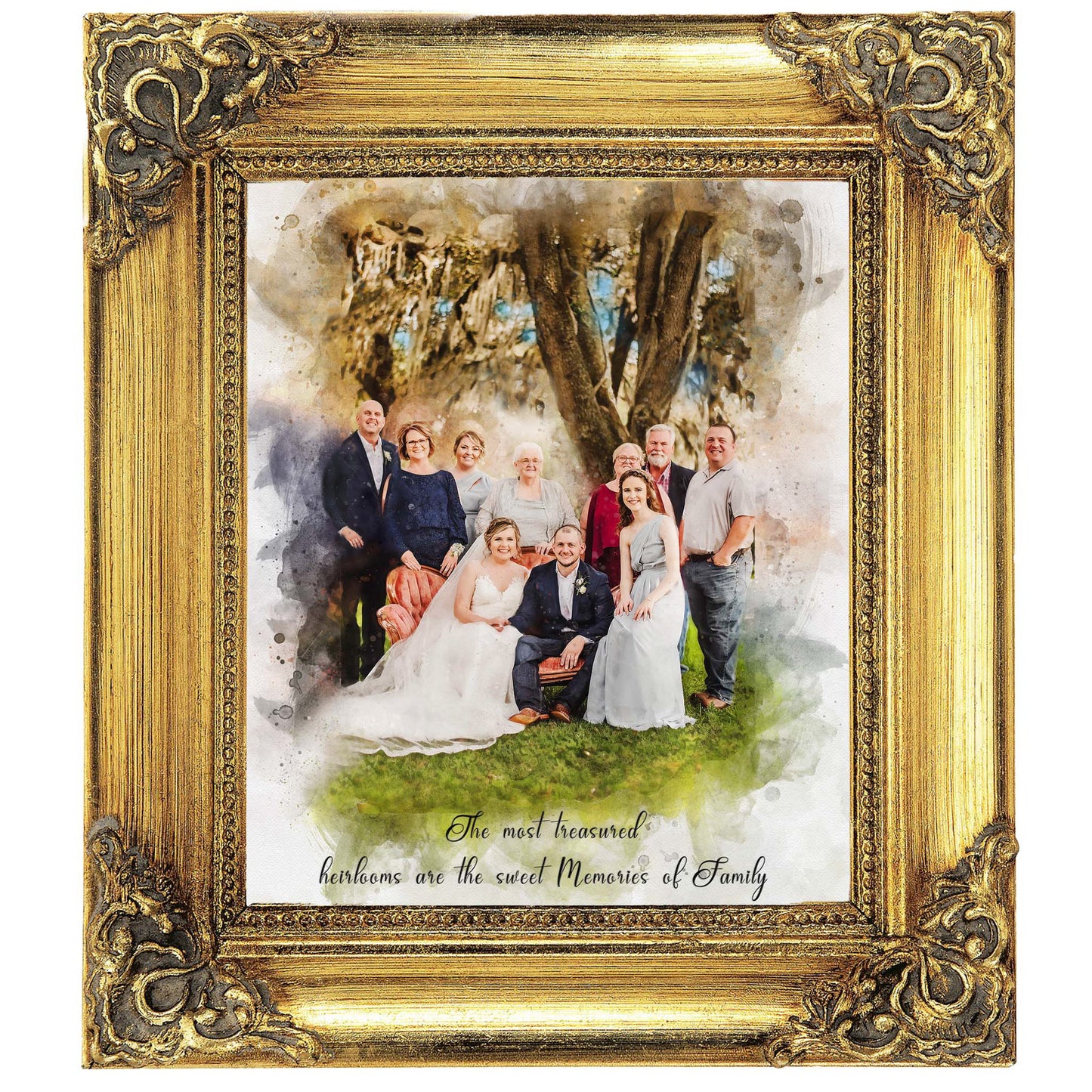 A rustic wedding southern style family portrait, framed in ornate gold, featuring a bride and groom with their extended family under a large tree, rendered in a watercolor art style. Text reads, "The most treasured heirlooms are the sweet Memories of Family."
