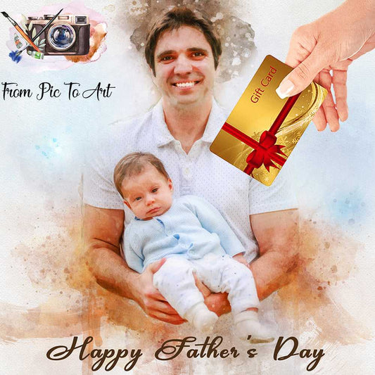 A young Dad carries his little baby while a hand is giving him a Father's Day Gift Card
