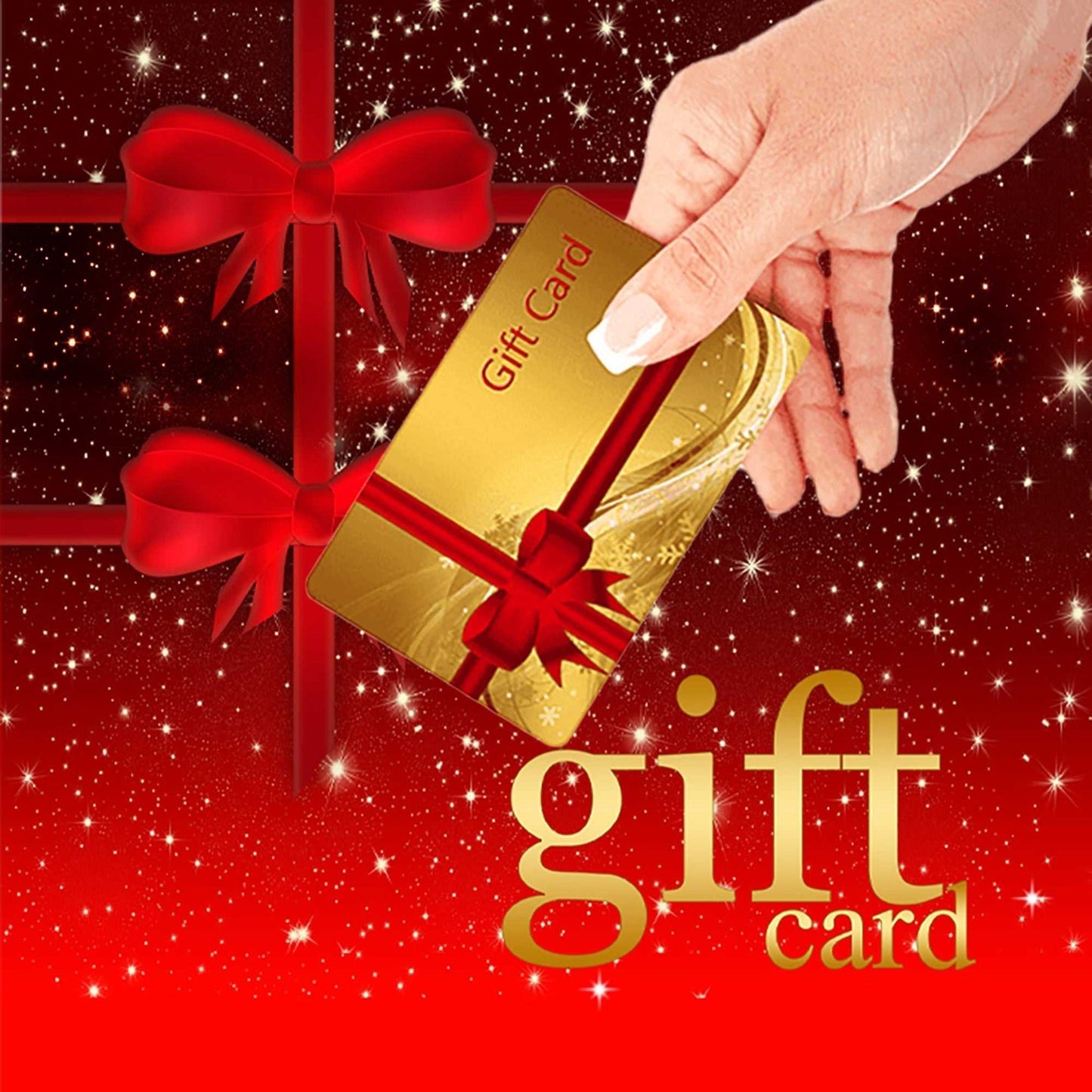 woman hand keeps a Custom Portrait Painting Gift Card in front of a fancy red background