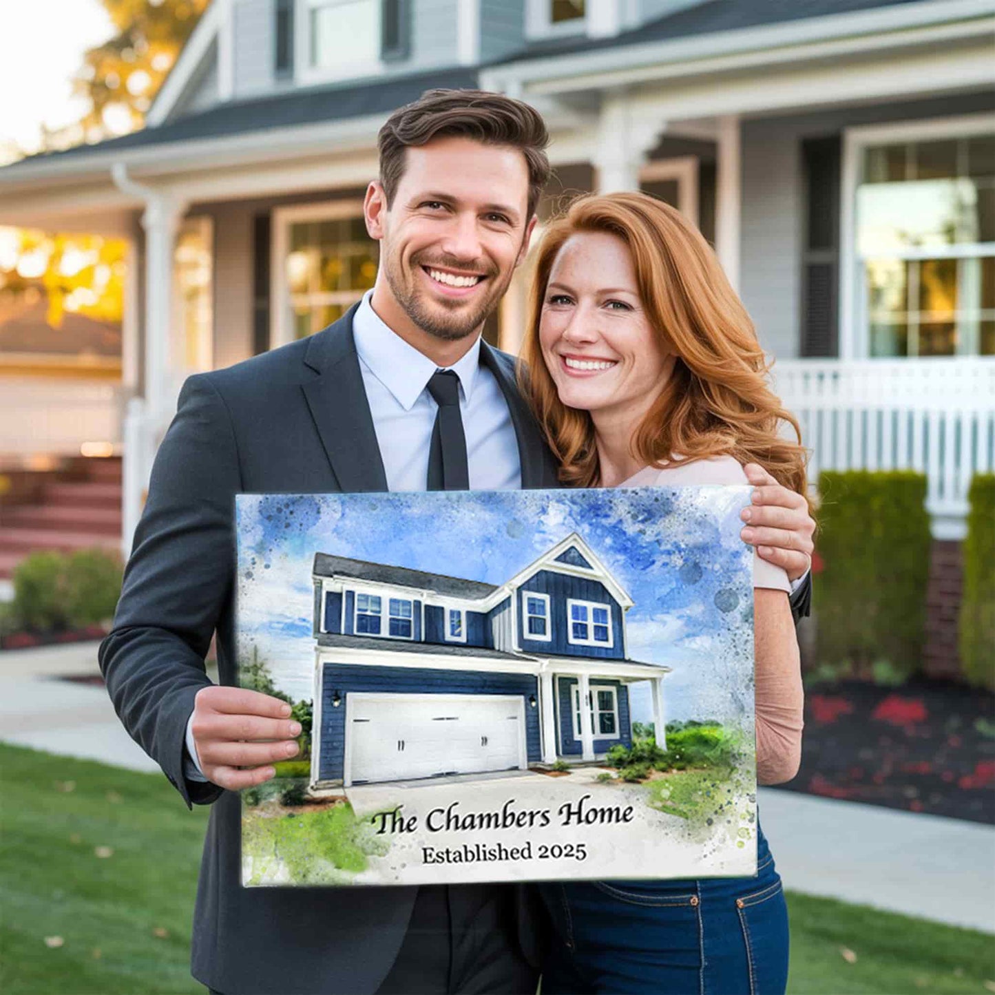 Man and woman holding a a watercolor House Portrait in front of a house.