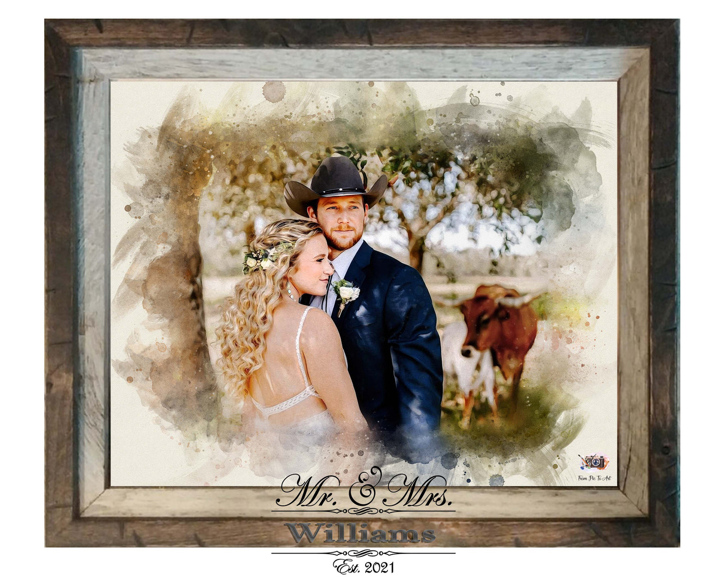 Watercolor style rustic wedding portrait of a couple in a country setting, featuring the groom in a cowboy hat and a cow in the background. Ideal for personalized farm House Gift, custom couple portraits, and unique anniversary gift, by FromPicToArt