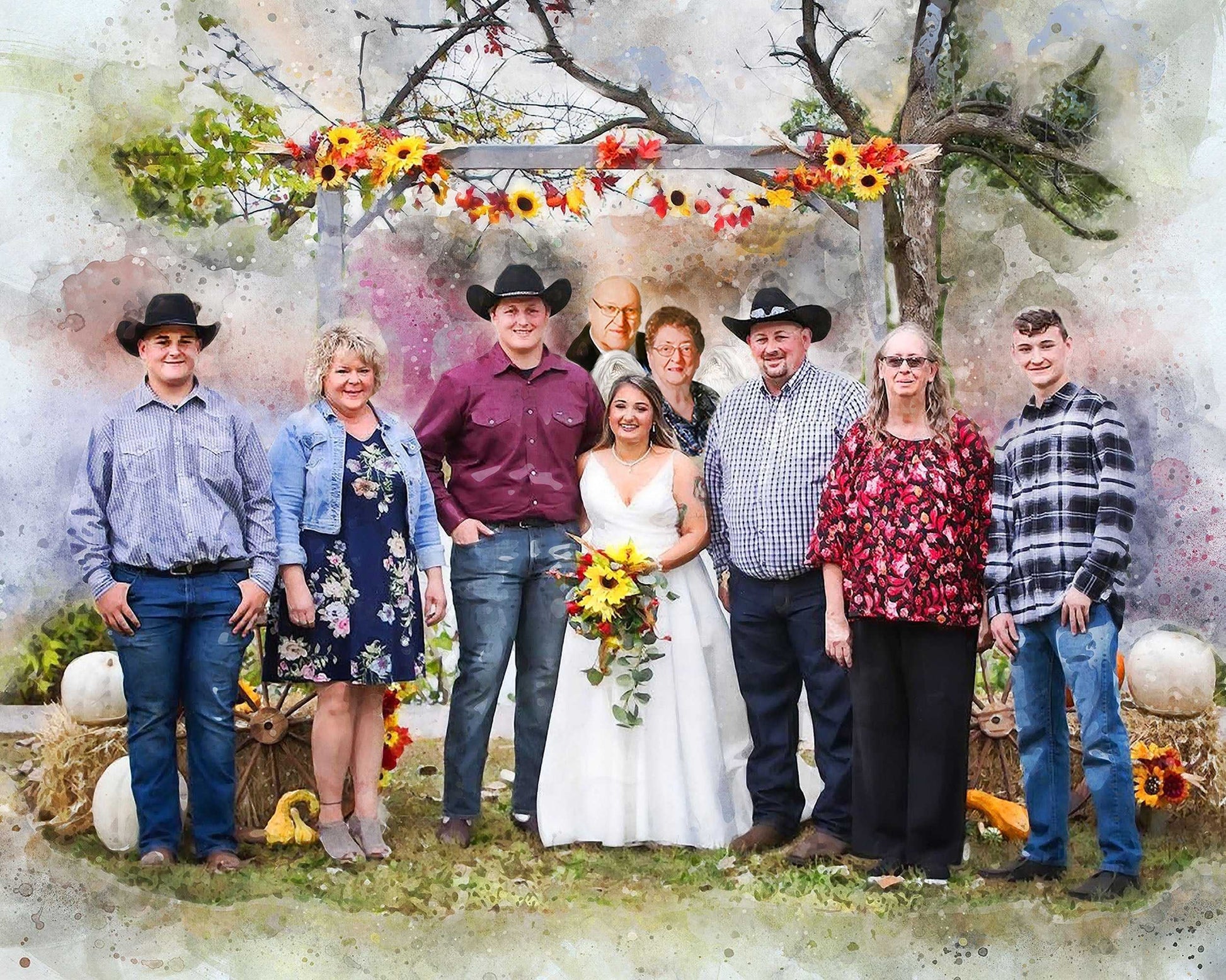 A rustic wedding art portrait of a family, including a bride holding sunflowers and a groom in a cowboy hat, standing under a fall-decorated arch, with other family members also wearing cowboy hats.