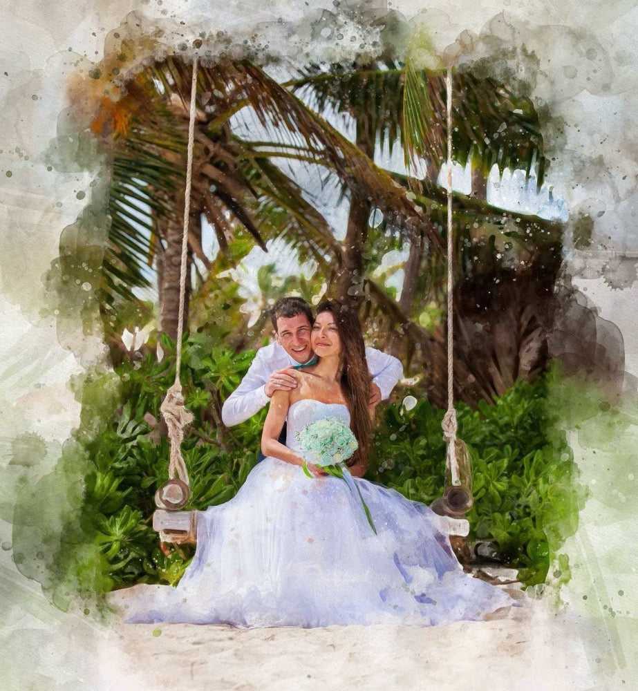 A dreamy wedding art scene showing a bride in a white gown holding a light blue bouquet, sitting on a swing with her groom embracing her from behind, set amidst lush tropical foliage.